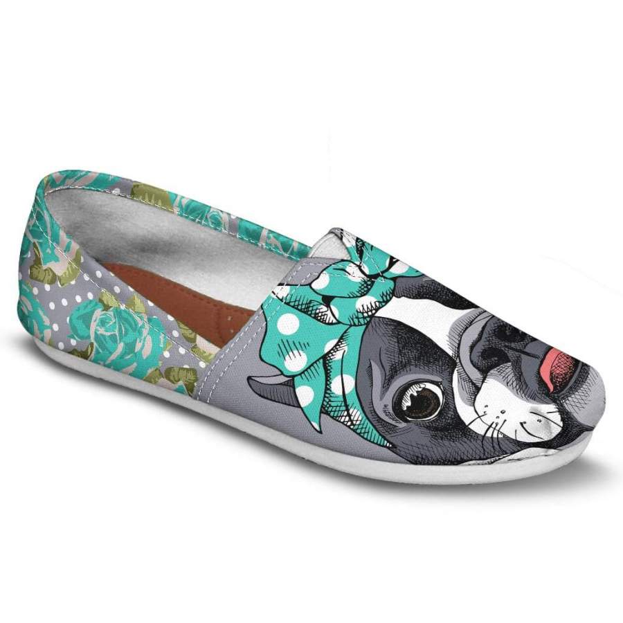 Floral Boston Terrier Turquoise Casual Shoes-Clearance