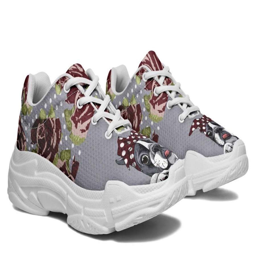 Floral Boston Terrier Dark Red Chunky Sneakers