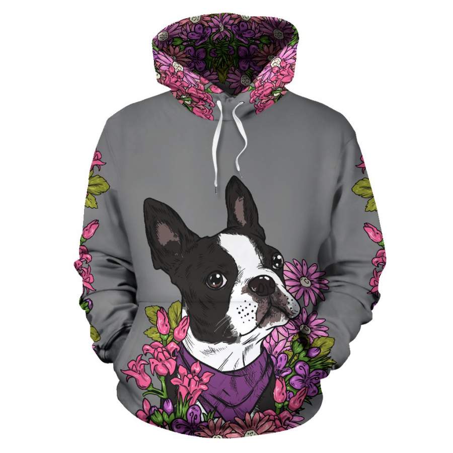 Illustrated Boston Terrier Grey Hoodie