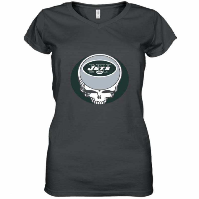 Halloween Skull Funny Football Team New York Jets Women's V-Neck T-Shirt