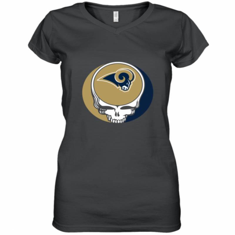 Halloween Skull Funny Football Team Los Angeles Rams Women's V-Neck T-Shirt