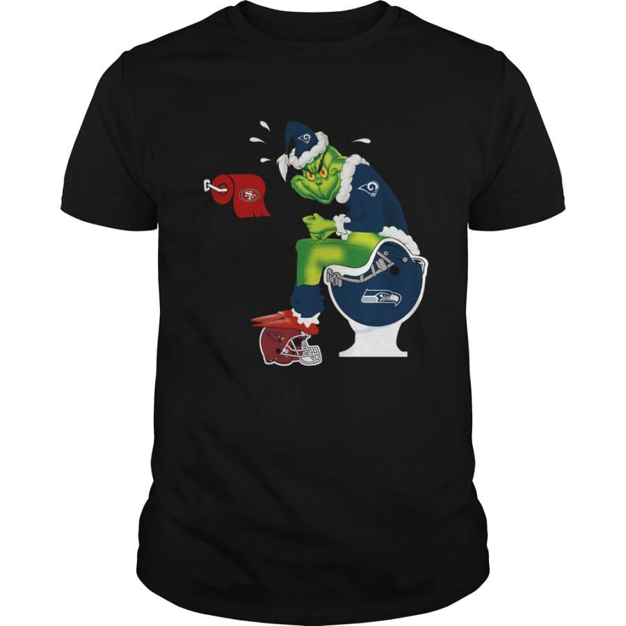 Grinch Santa Los Angeles Rams shit on Seattle Seahawks, Arizona Cardinals Helmet and San Francisco 49ers T-Shirt