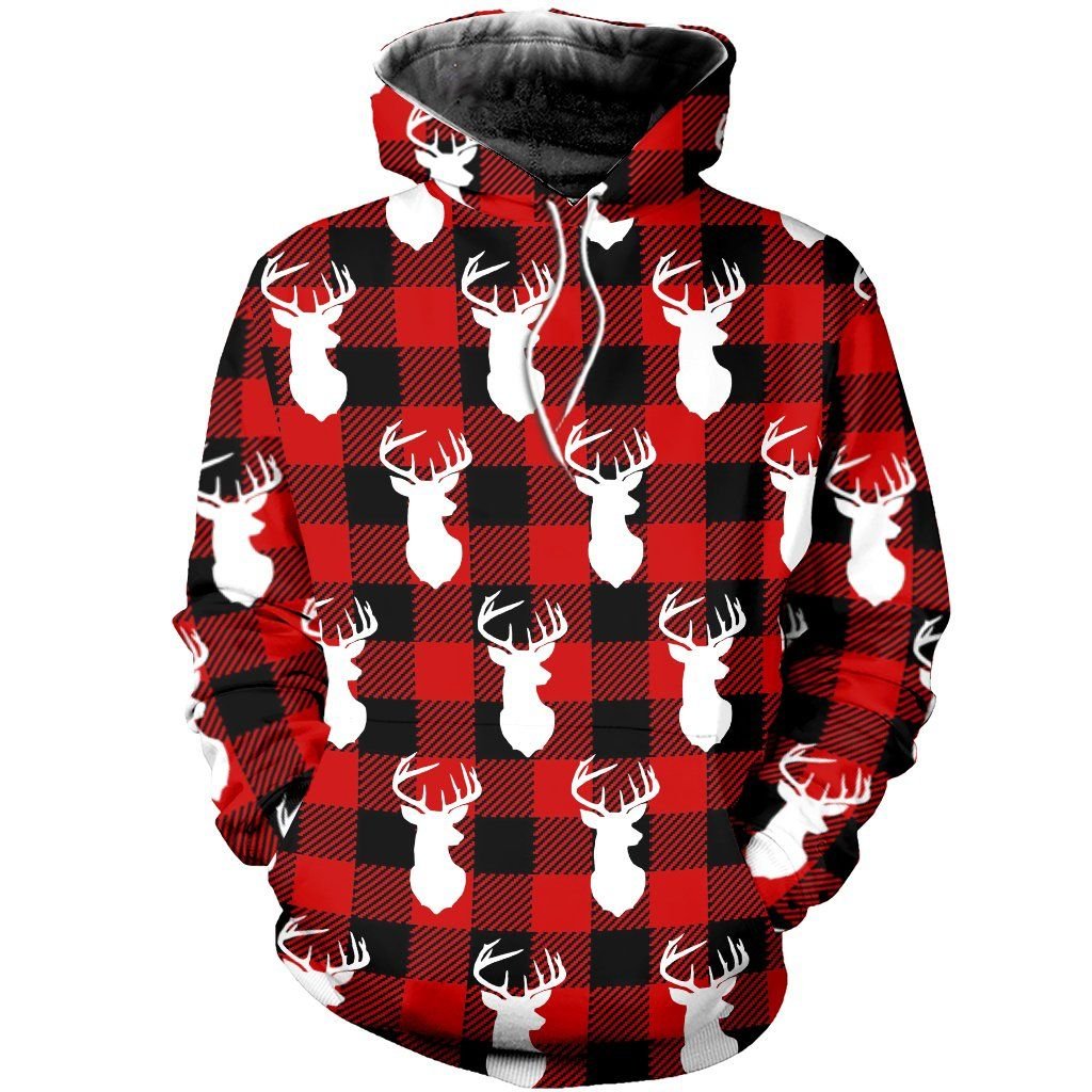 Deer Hunting Red Plaid Pattern 3D Hoodie 07134