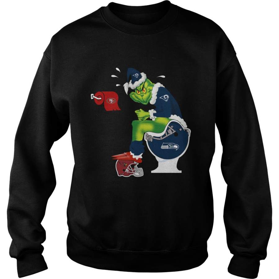 Grinch Santa Los Angeles Rams shit on Seattle Seahawks, Arizona Cardinals Helmet and San Francisco 49ers Sweatshirt – 2019