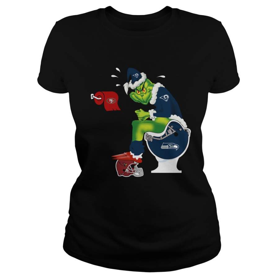 Grinch Santa Los Angeles Rams shit on Seattle Seahawks, Arizona Cardinals Helmet and San Francisco 49ers Ladies-T-Shirt – 2019