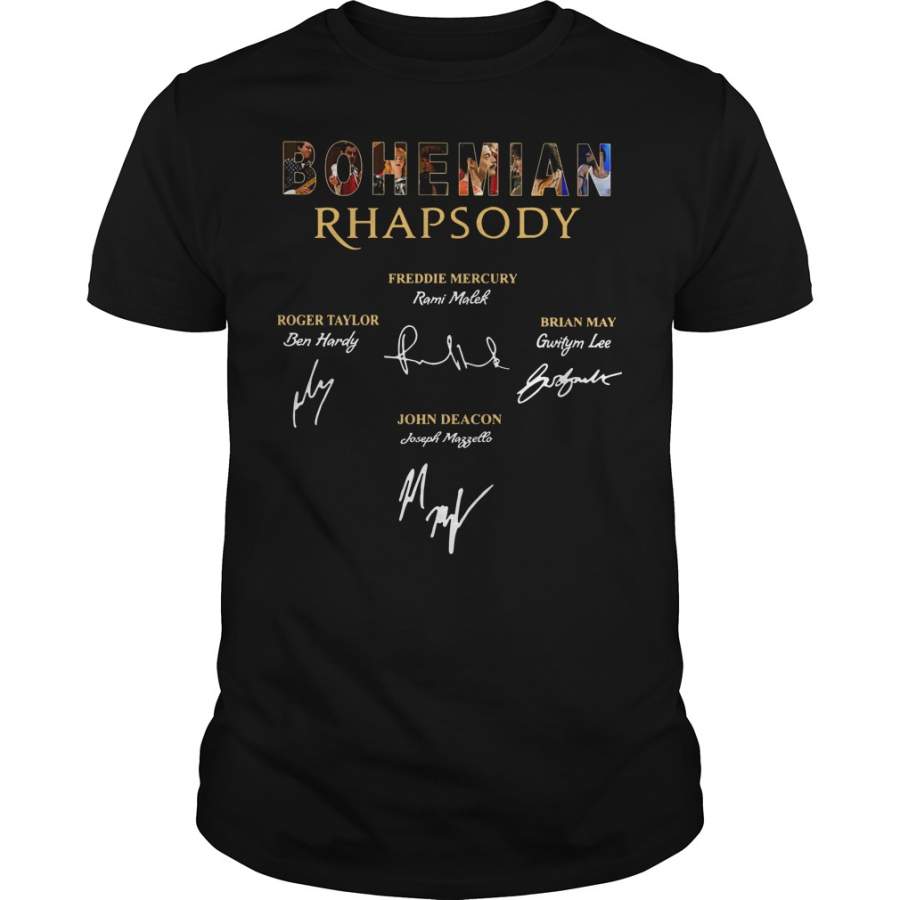 Bohemian Rhapsody Freddie Mercury Brian May Roger Taylor John Deacon sign T-Shirt