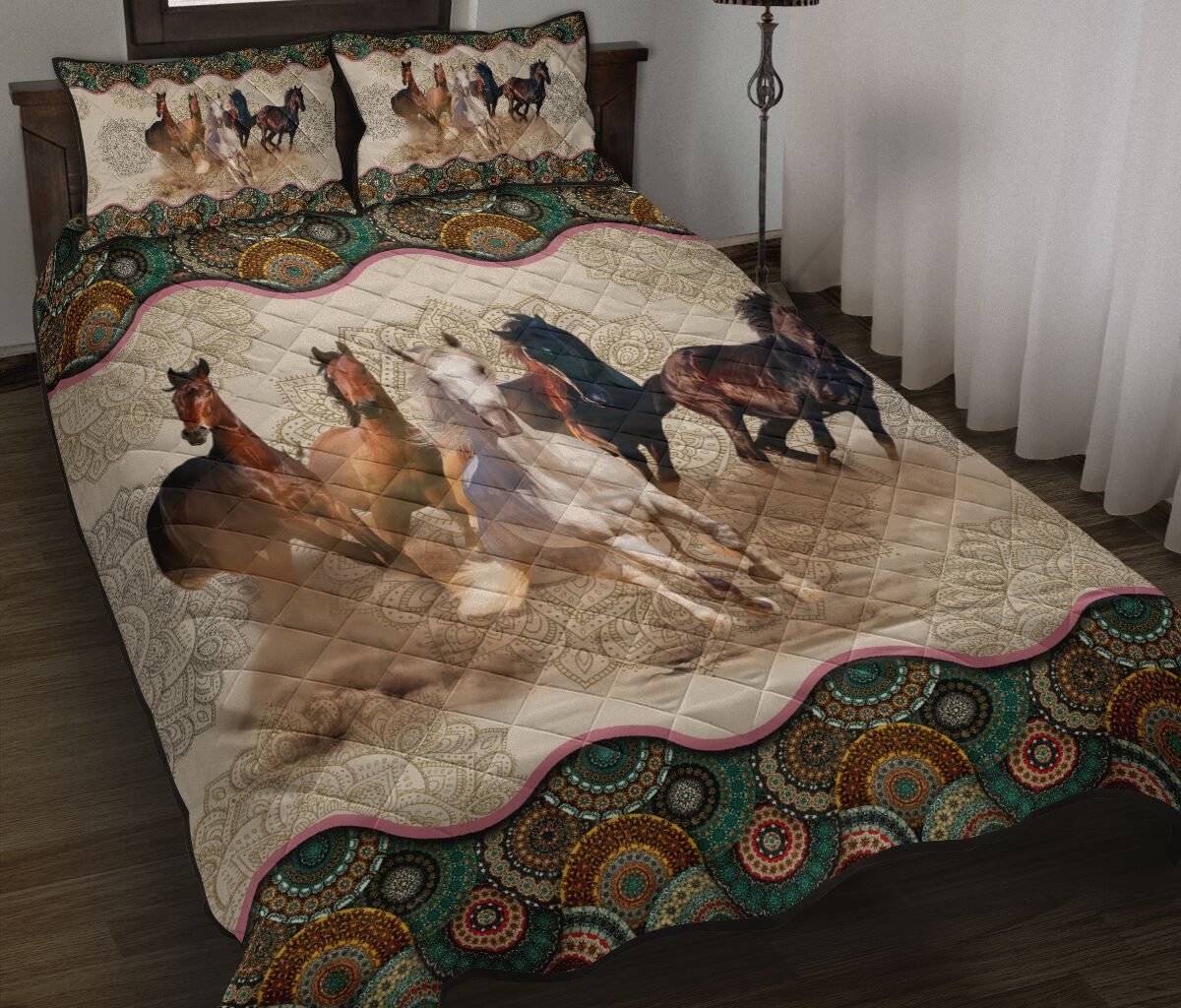 357DDTANM-FIVE HORSES – VINTAGE MANDALA QUILT BED SET