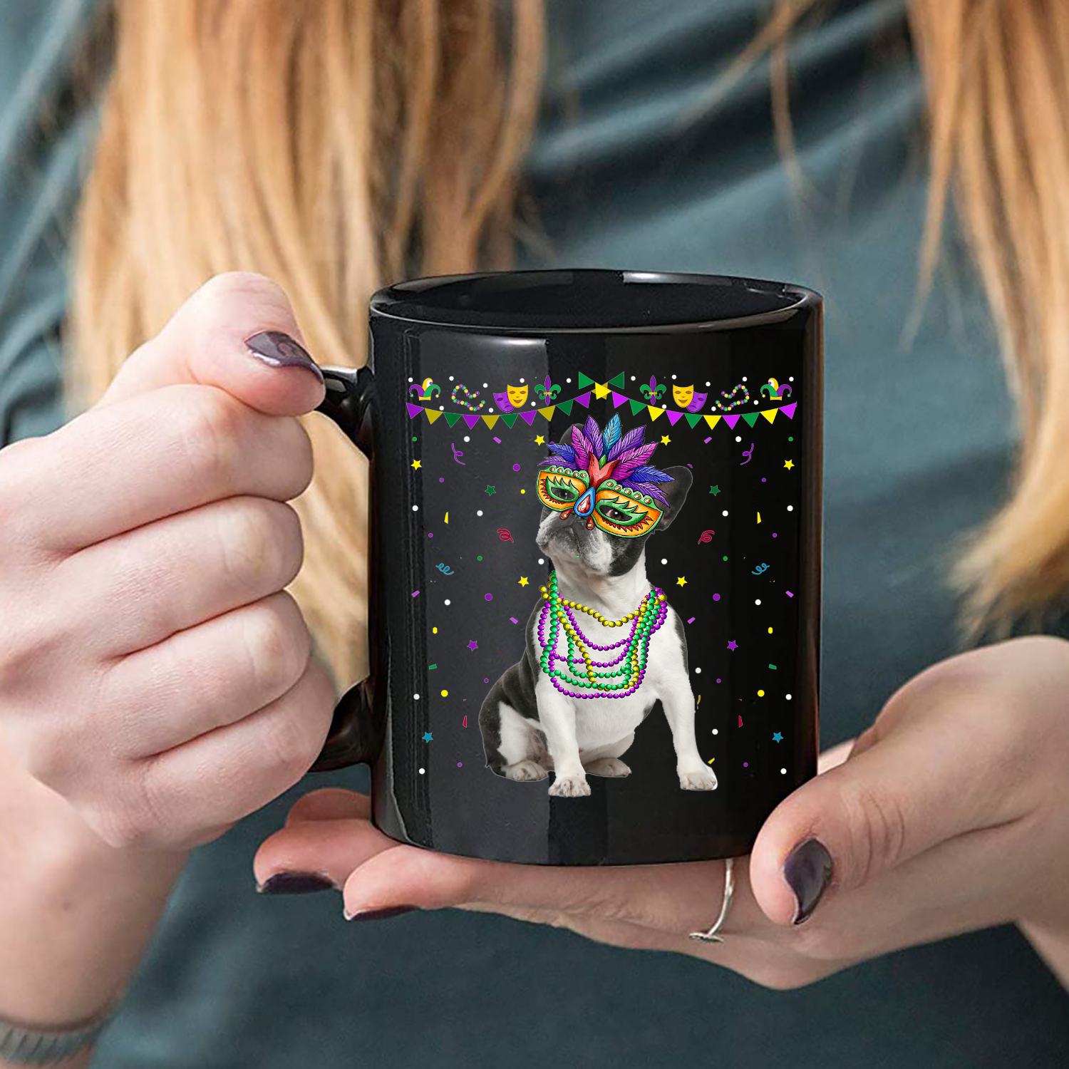 Funny Boston Terrier Wearing Carnival Mask Mardi Gras Beads Mug Black Ceramic 11-15oz Coffee Tea Cup