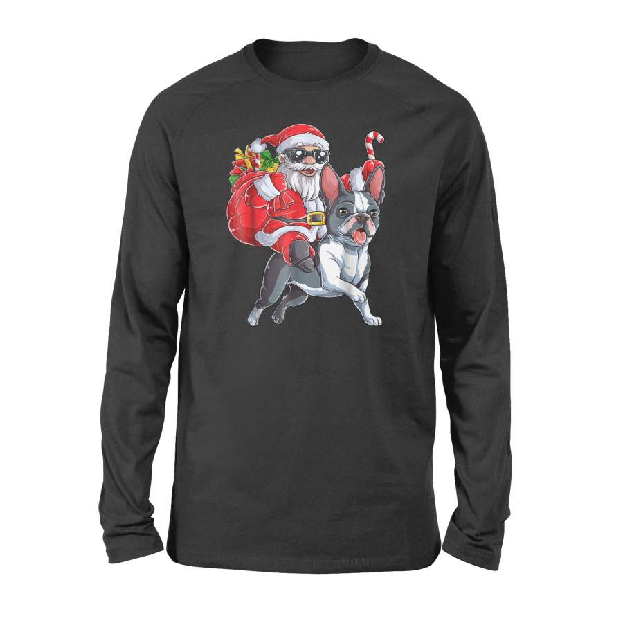 Boston Terrier Christmas shirt Santa Claus Riding Dog Boys – Standard Long Sleeve