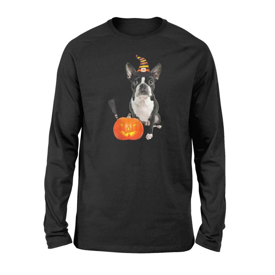 Boston Terrier Witch Hat Halloween Dog Costume T-Shirt – Standard Long Sleeve