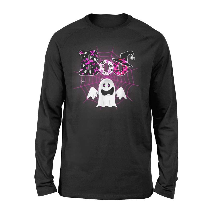 Funny Boo Breast Cancer Awareness Ghost Halloween Ribbon T-Shirt – Standard Long Sleeve