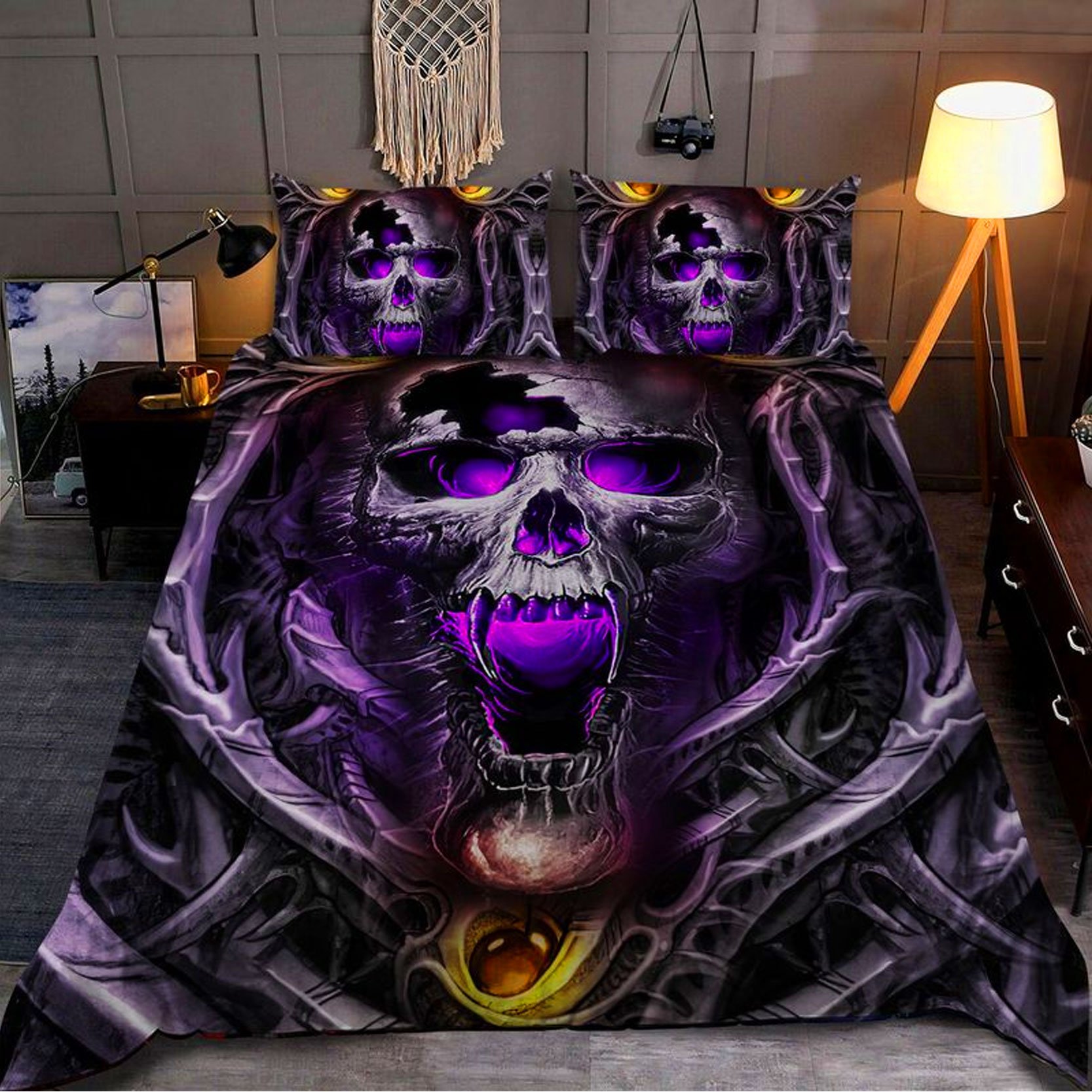 Custom Quilt Sets Skull Ghost Skeleton Quilt Bedding Set with 1 Quilt & 2 Pillow Cover