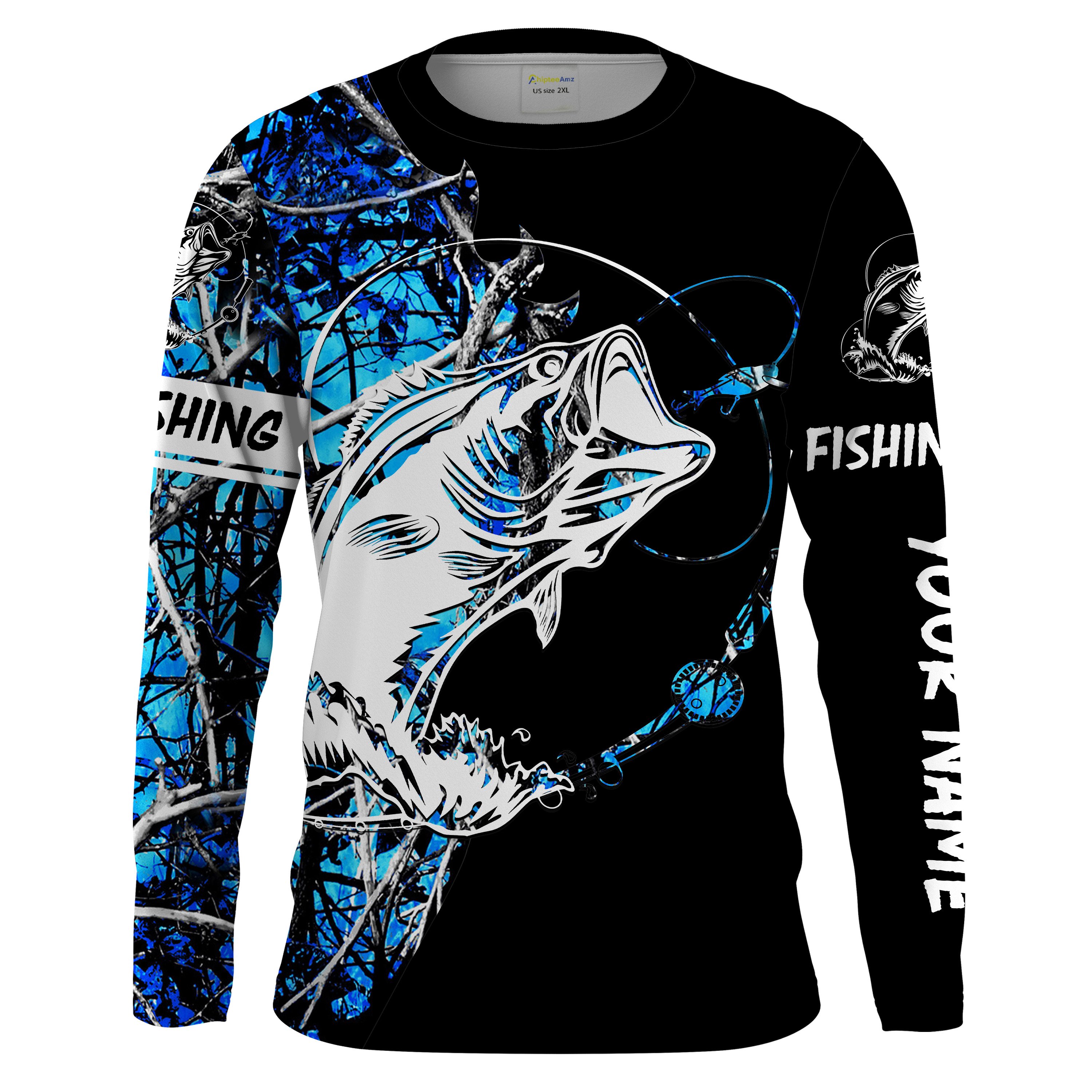 Largemouth Bass Fishing tattoo blue muddy camo black Customize Name UV protection UPF 30+ long sleeves fishing shirts Chipteeamz NQS1904