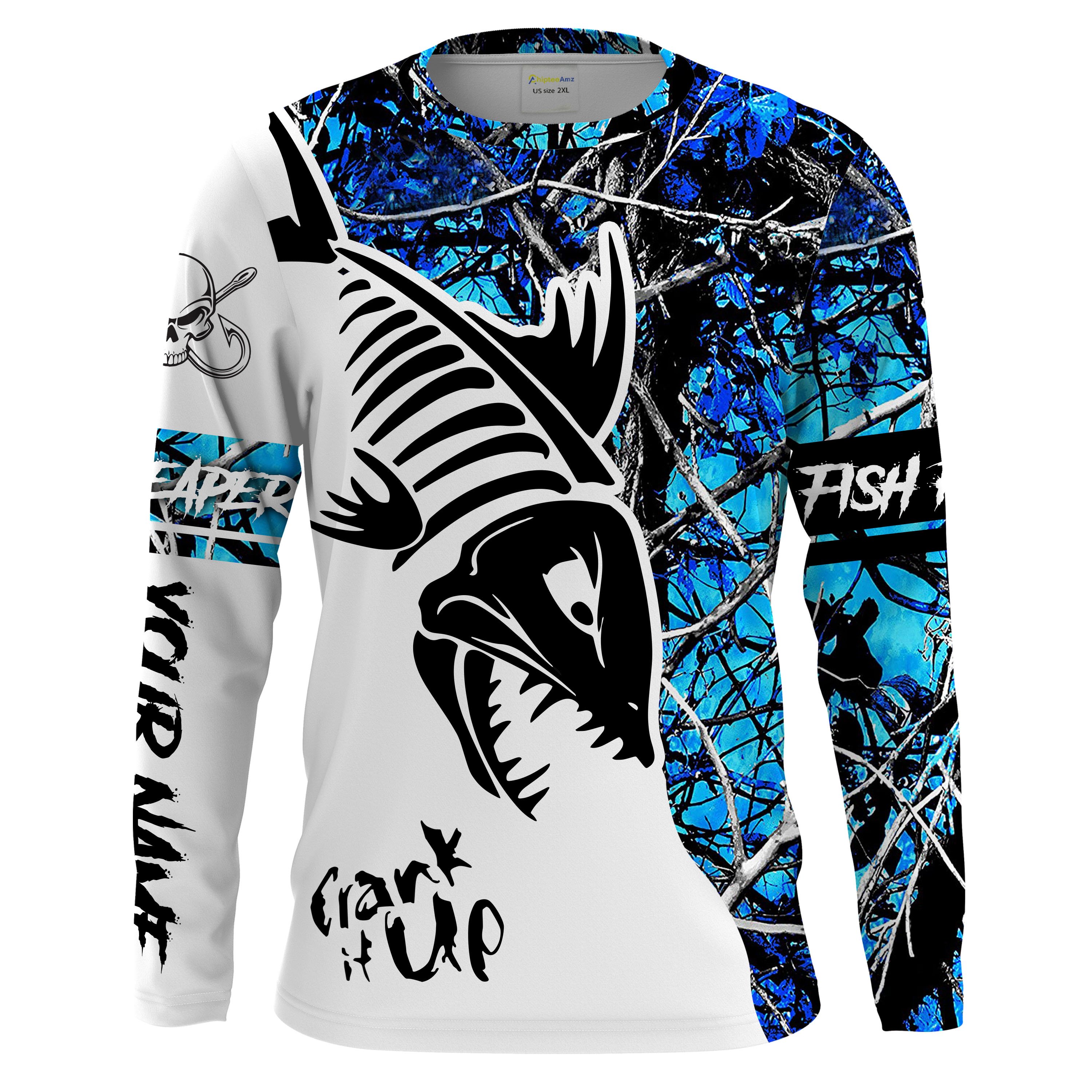 Bone Fish Fish Skeleton Blue Muddy Camo Fishing Shirts Custom Name UV protection UPF30+ Personalized Fishing Gifts Chipteeamz FSD2063