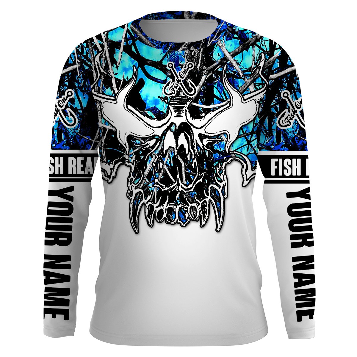 Fish reaper skull teal blue muddy camo Custom Long Sleeve Fishing Shirts, Fish on personalized fishing gifts – Chipteeamz IPHW1096