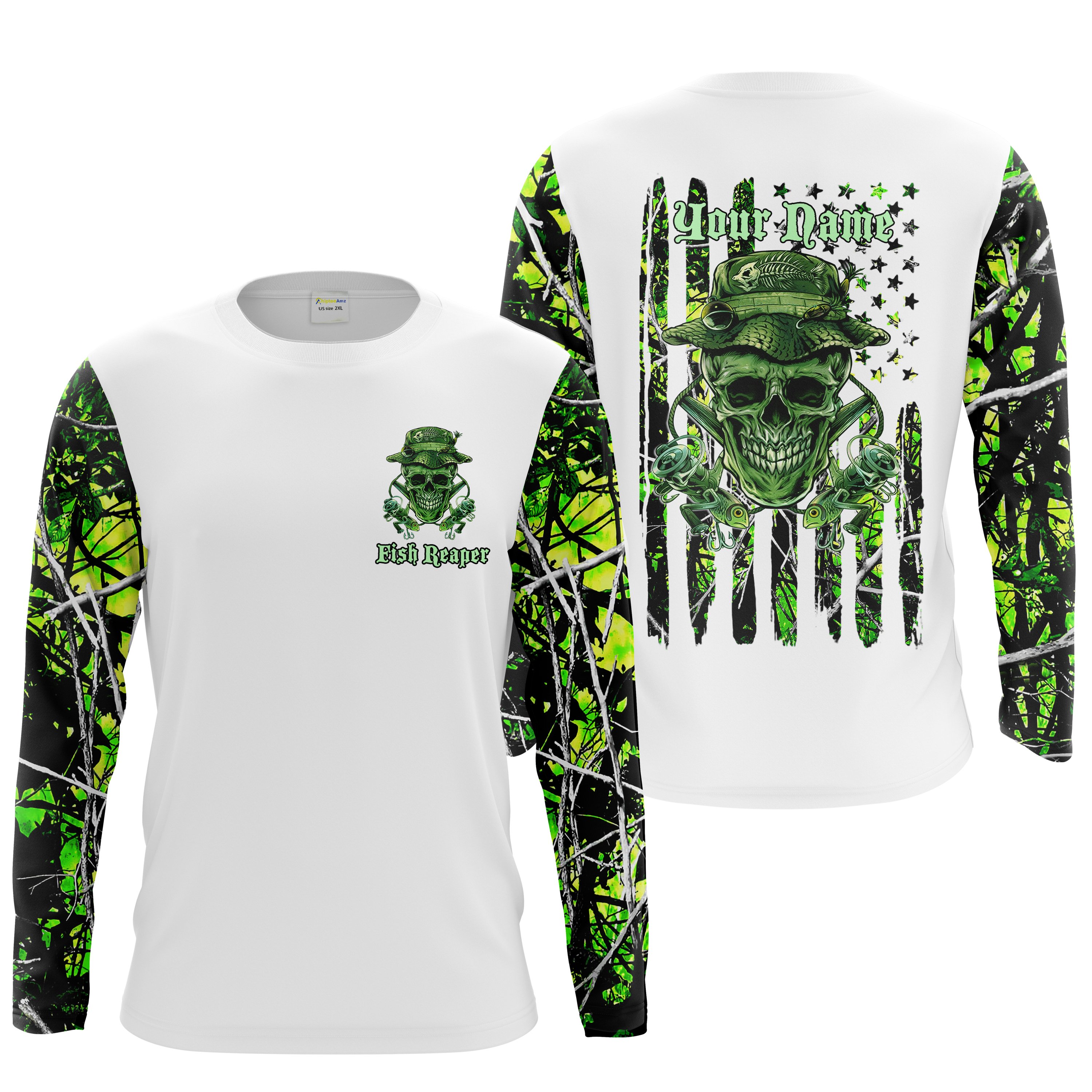 Fish Reaper Fishing American Flag Green Muddy Camo Custom Name Sun Protection Shirts UPF30+ Personalized Fishing Shirts Chipteeamz FSD1939