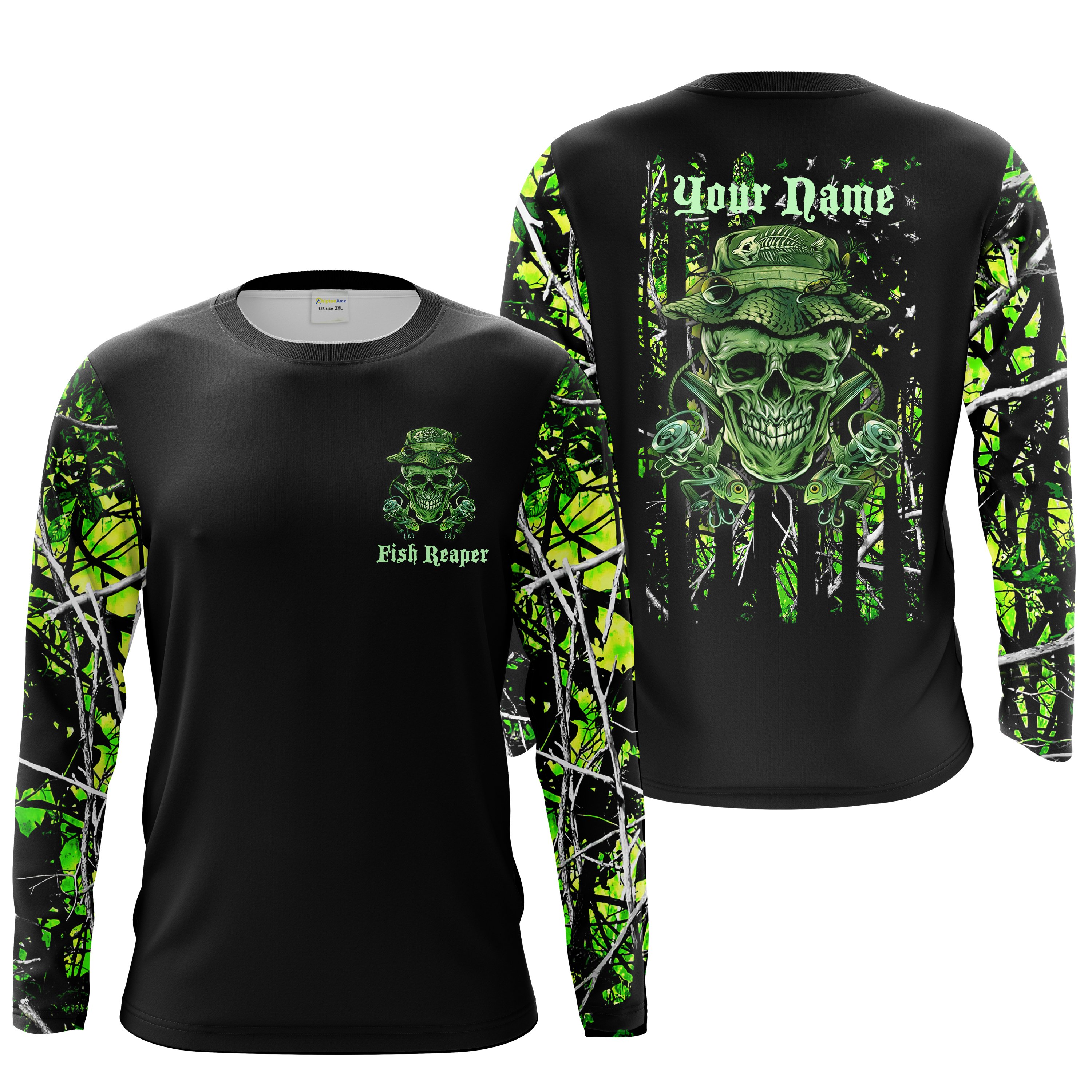 Fish Reaper Fishing American Flag Green Muddy Camo Custom Name Sun Protection Shirts UPF30+ Personalized Fishing Shirts Chipteeamz FSD1905