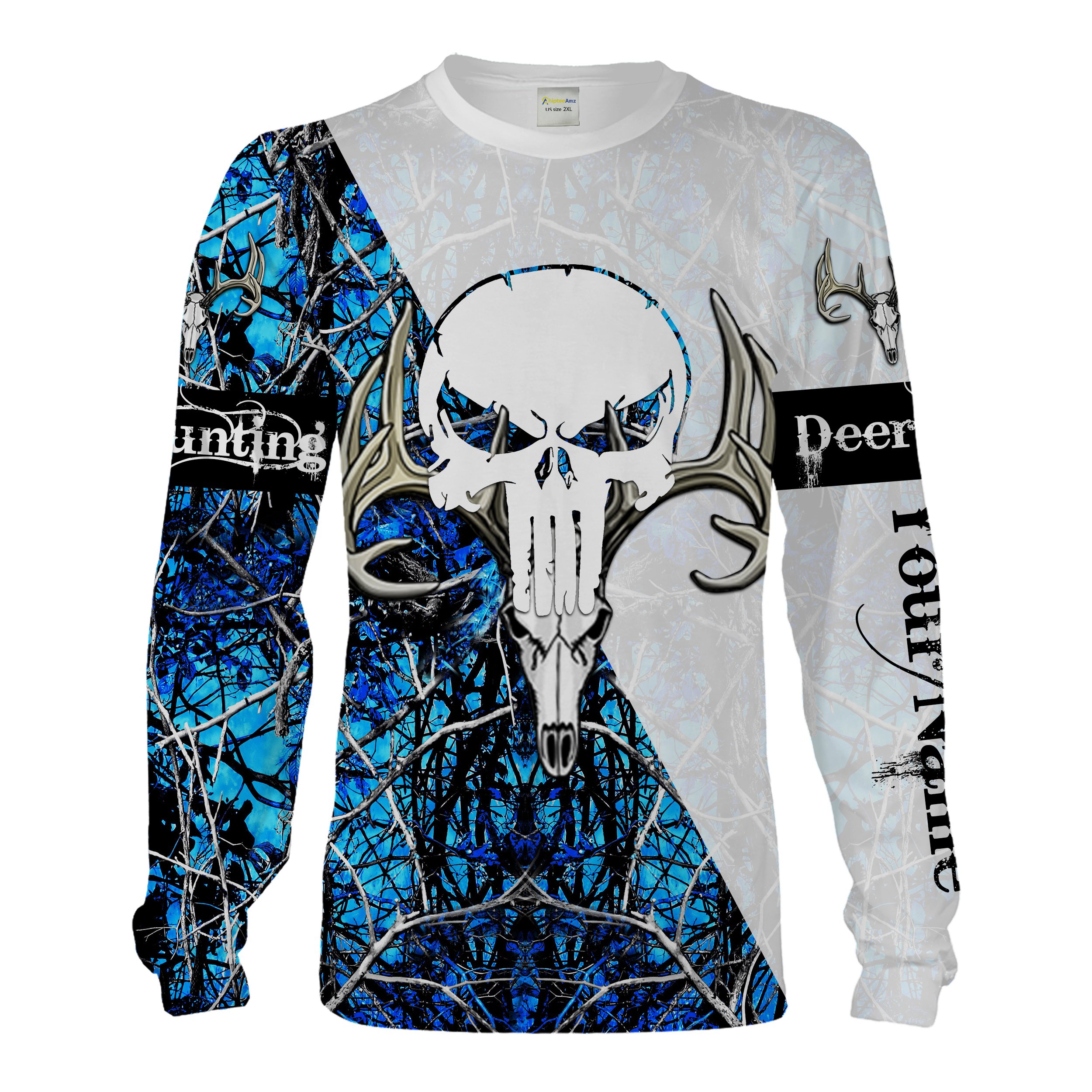 Deer Hunting Skull Deer Antlers Blue Muddy Camo Custom Name 3D Shirts Hoodie For Men, Women – Personalized Hunting Gifts Chipteeamz FSD1833