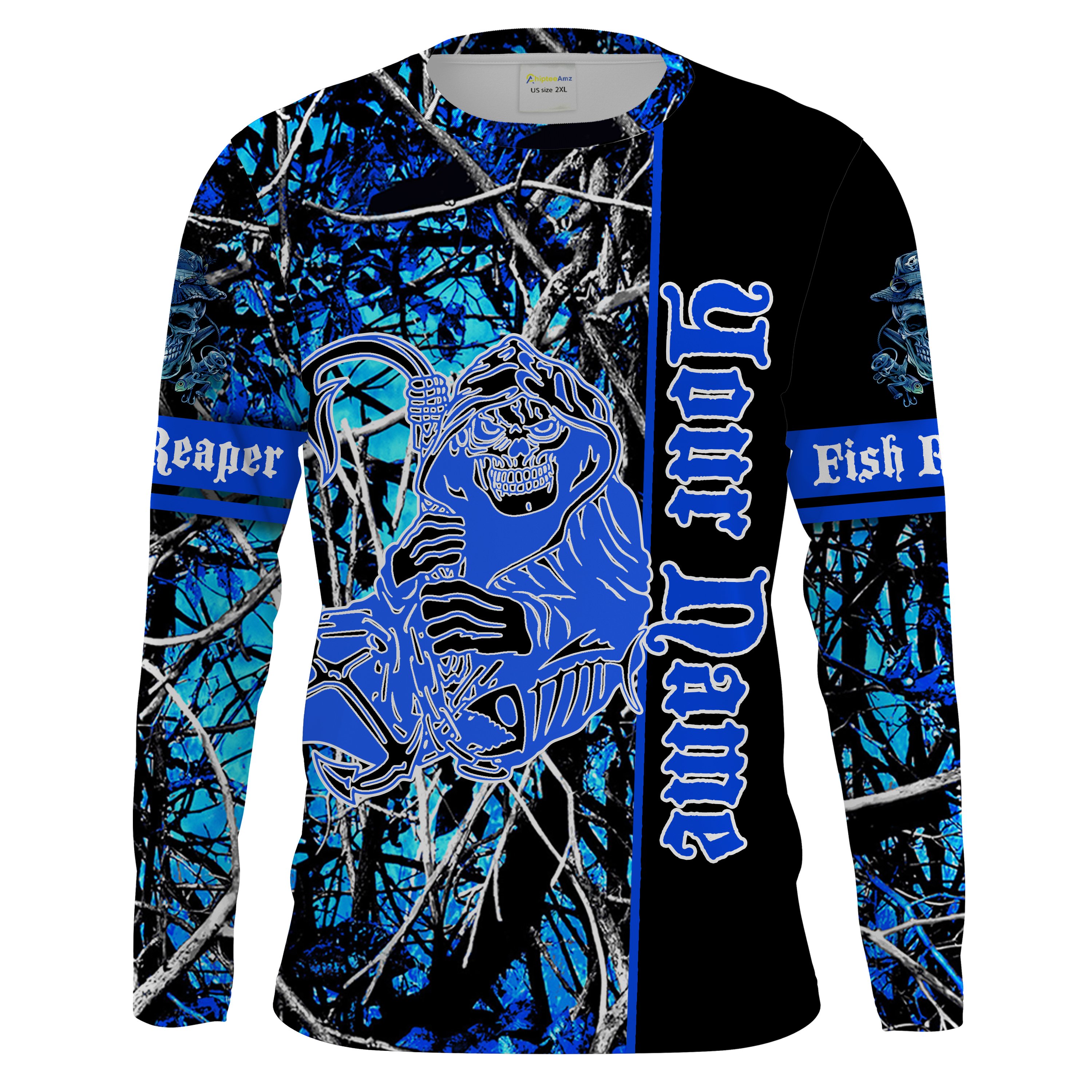 Blue muddy camo fish reaper Fishing camo Customize Name UV protection quick dry UPF 30+ long sleeves fishing shirts Chipteeamz NQS1809