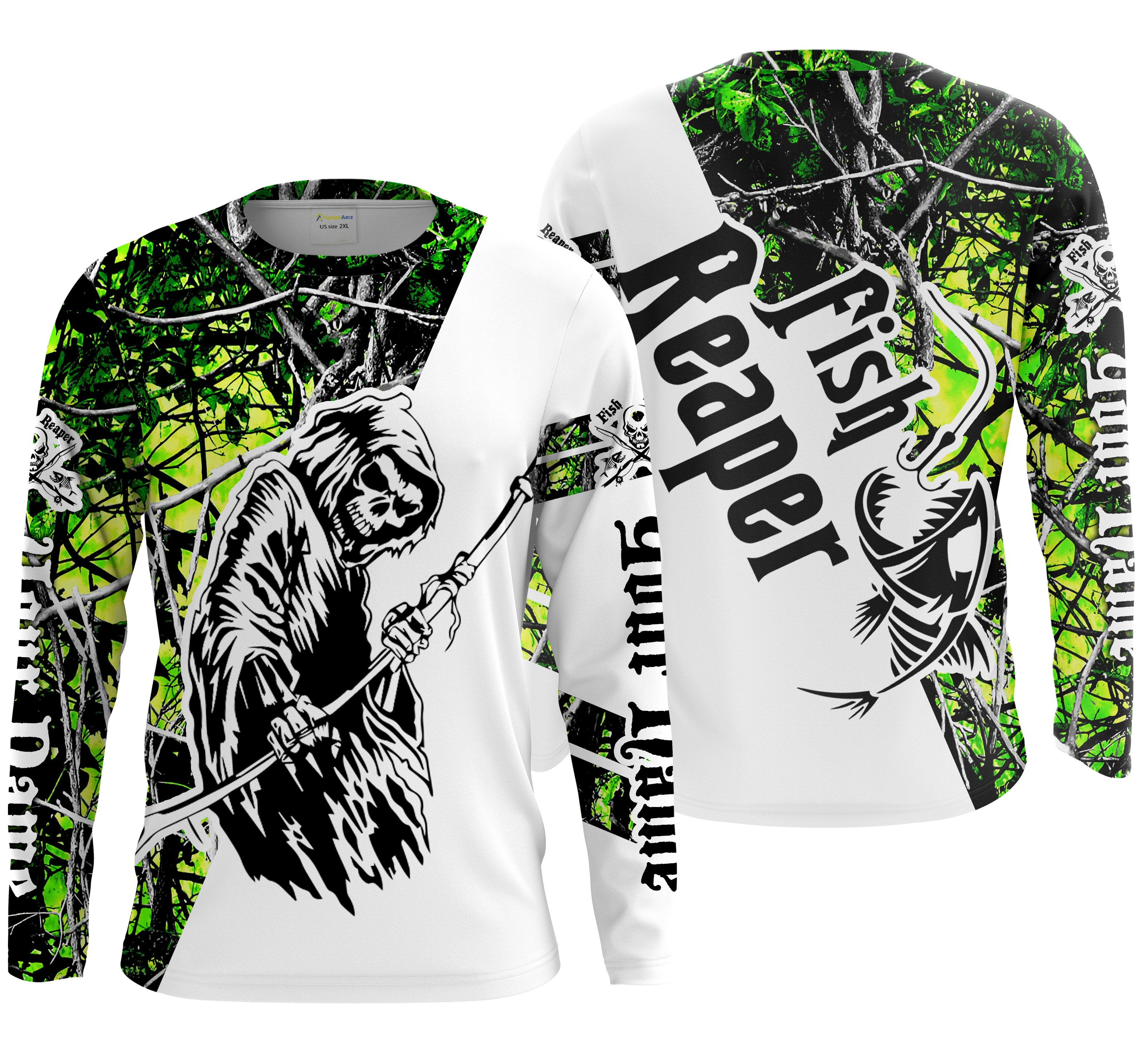 Fish reaper green muddy camo Custom UV Long Sleeve Fishing Shirts, Skull Fishing Shirts – Chipteeamz IPHW1128