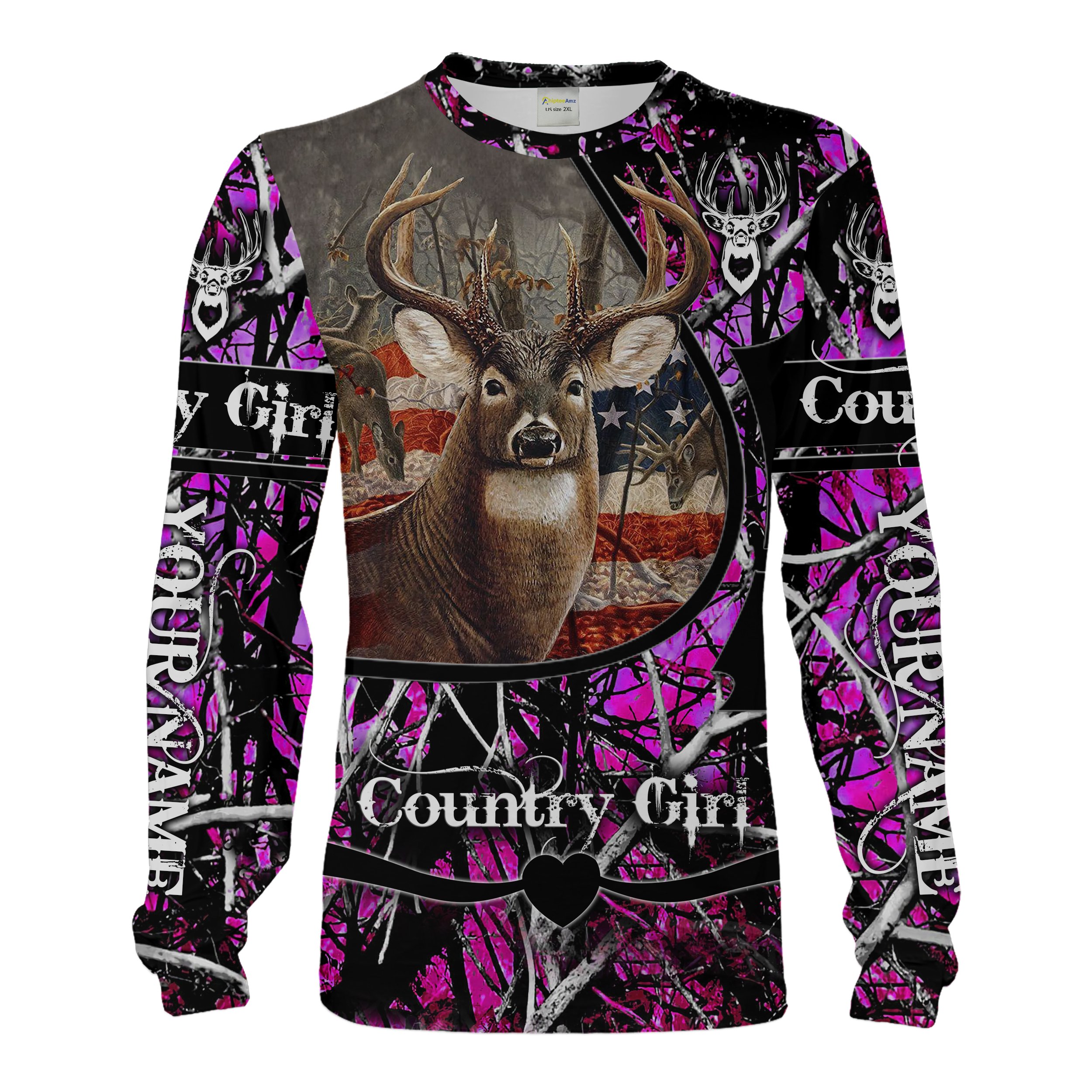 Country girl Deer hunting American Flag Pink Muddy Camo custom Name Full printing Shirt – Country girl hunting clothes chipteeamz FSD1786