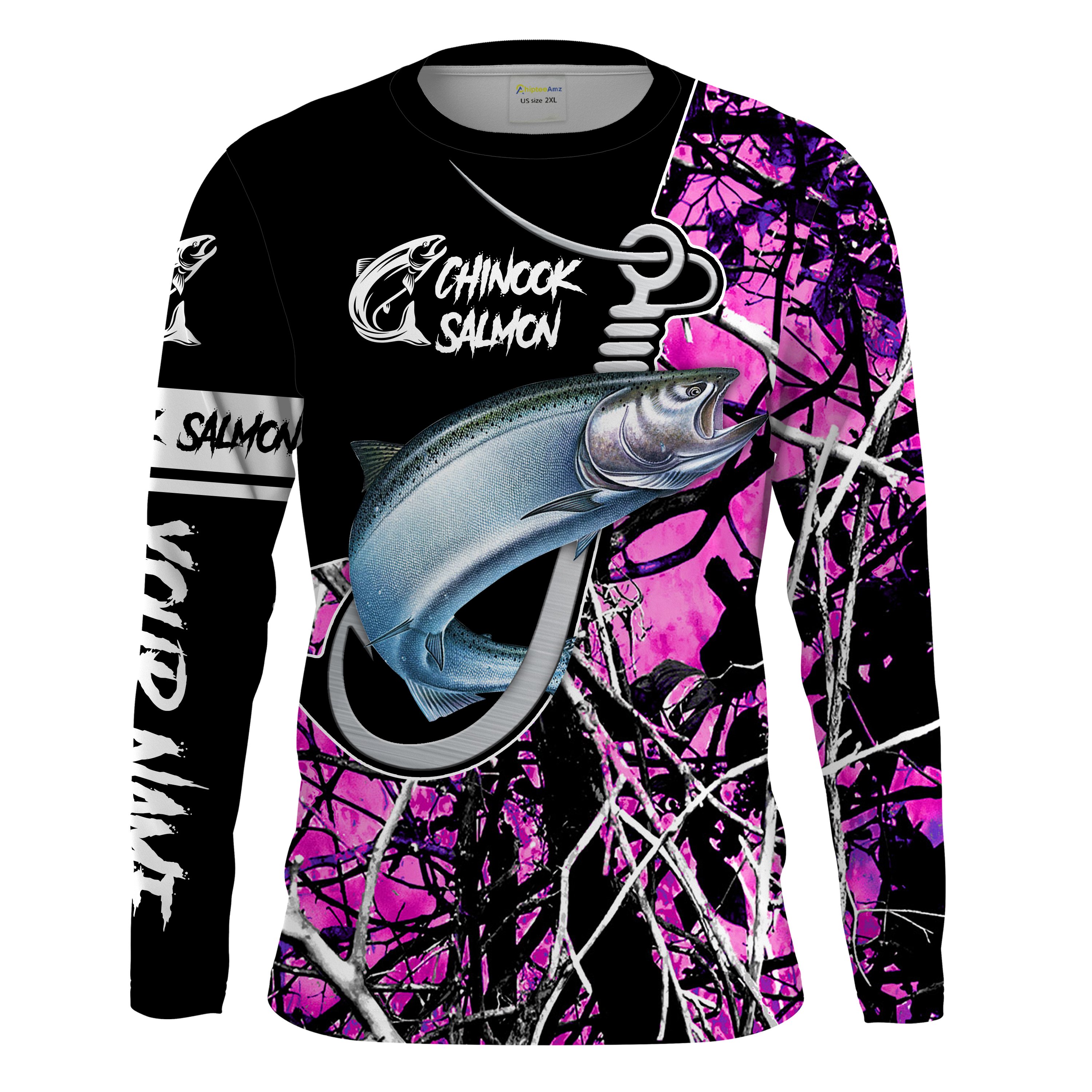 Chinook King Salmon Fishing pink muddy camo Long Sleeve Fishing Shirts for muddy girl, Custom UV Fishing Shirts – Chipteeamz IPHW993