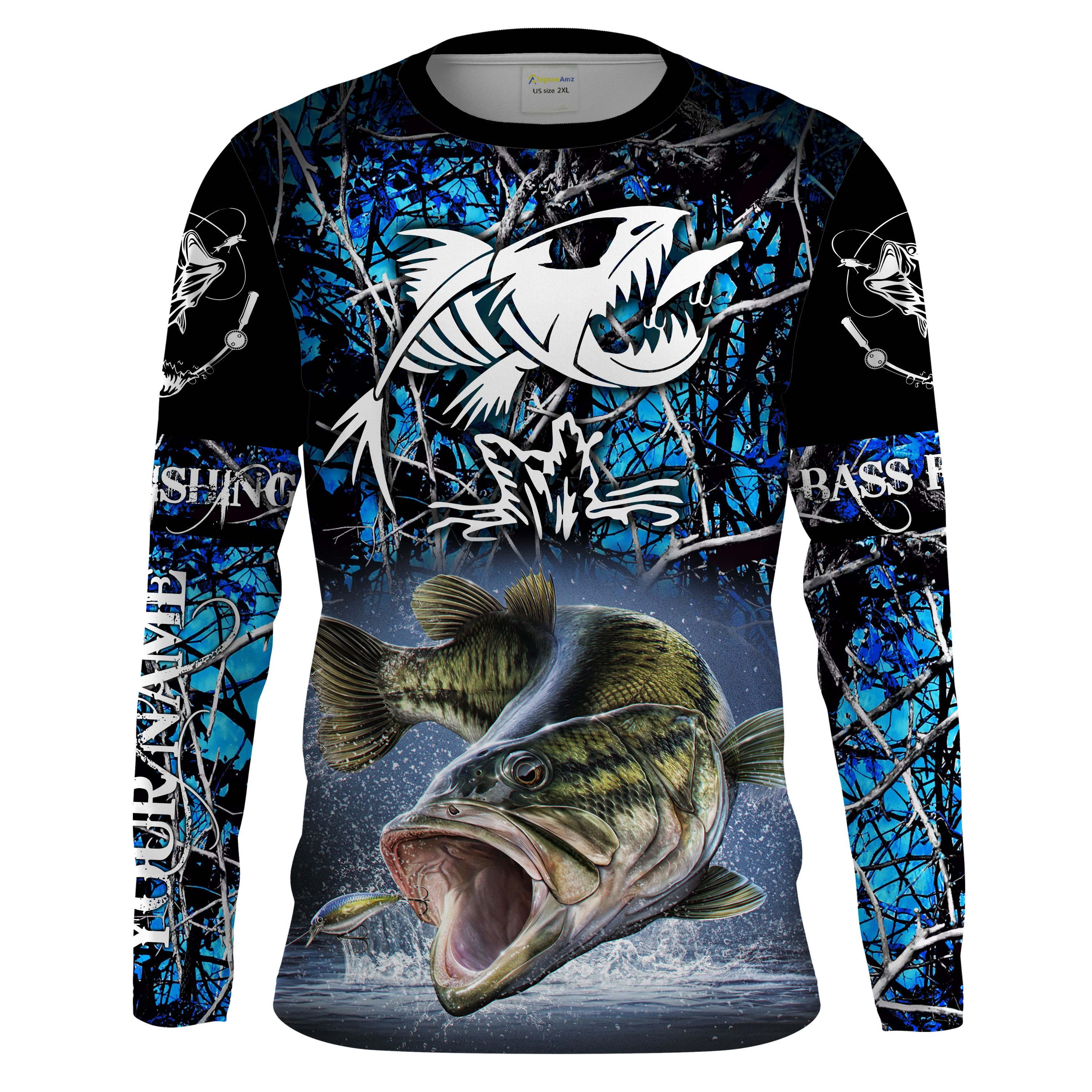 Largemouth Bass fishing blue muddy camo Long Sleeve fishing shirt UV protection Custom name UPF 30+ fishing gift Chipteeamz NQS1780