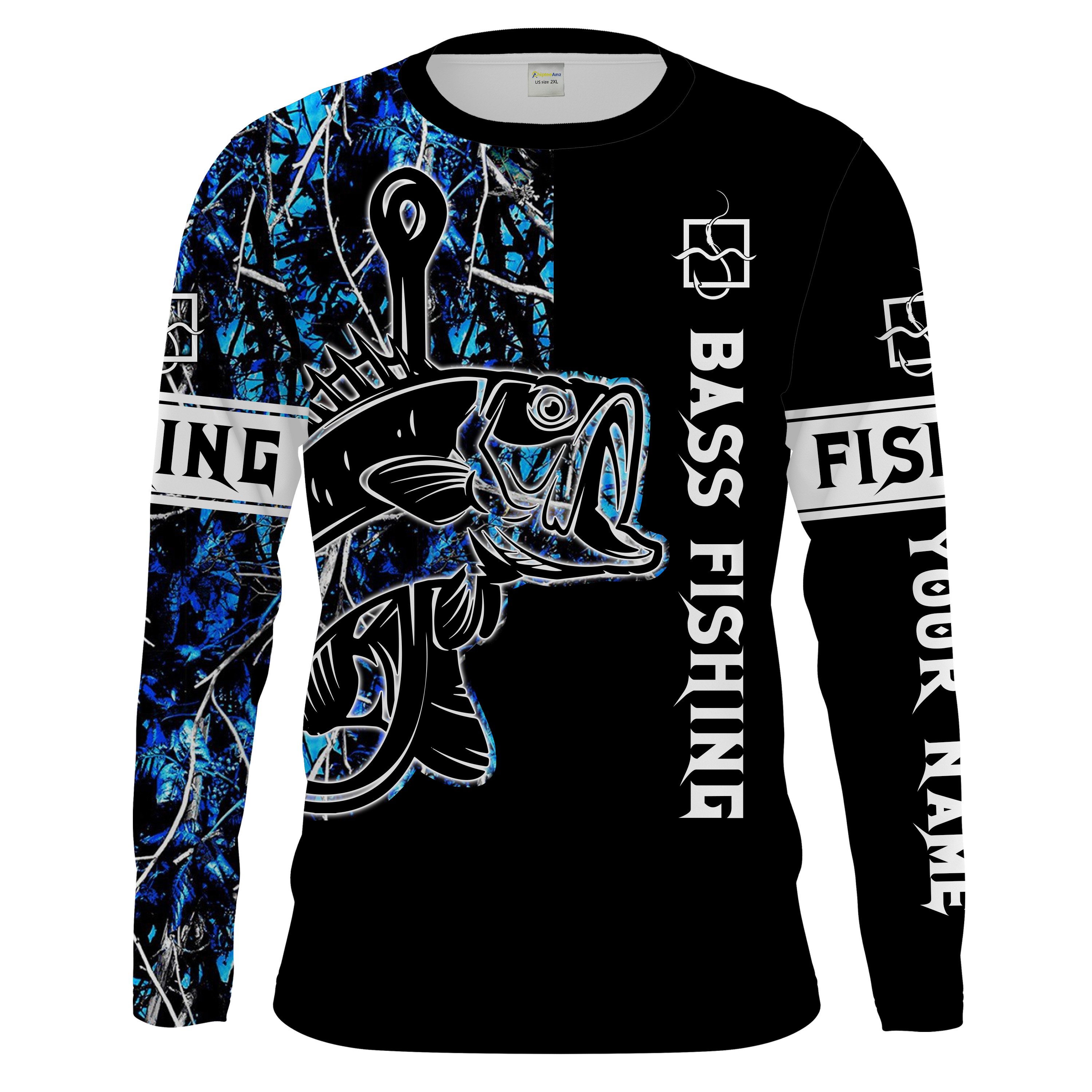 Largemouth Bass Fishing Fish Hook Blue Muddy Camo Custom Name All Over Printed Sun/UV Protection Shirts UPF30+ Chipteeamz FSD1925