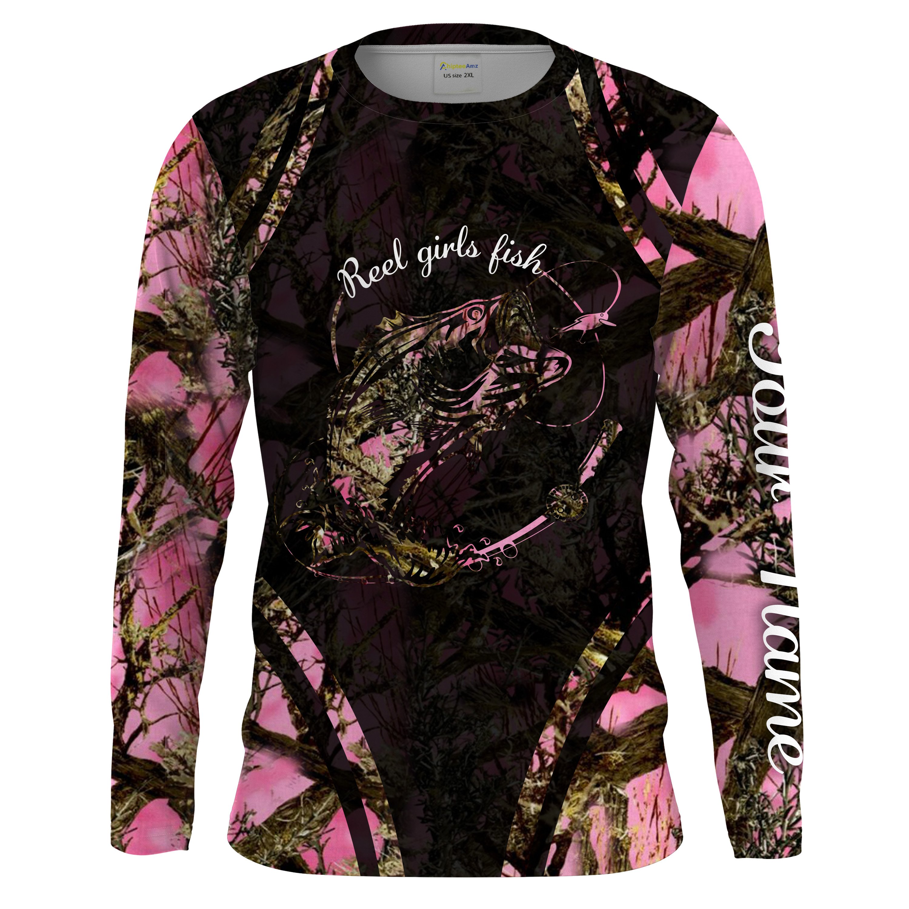 Bass Fishing pink muddy camo reel girls fish UV protection Customize name long sleeves fishing shirts UPF 30+ Chipteeamz NQS1840