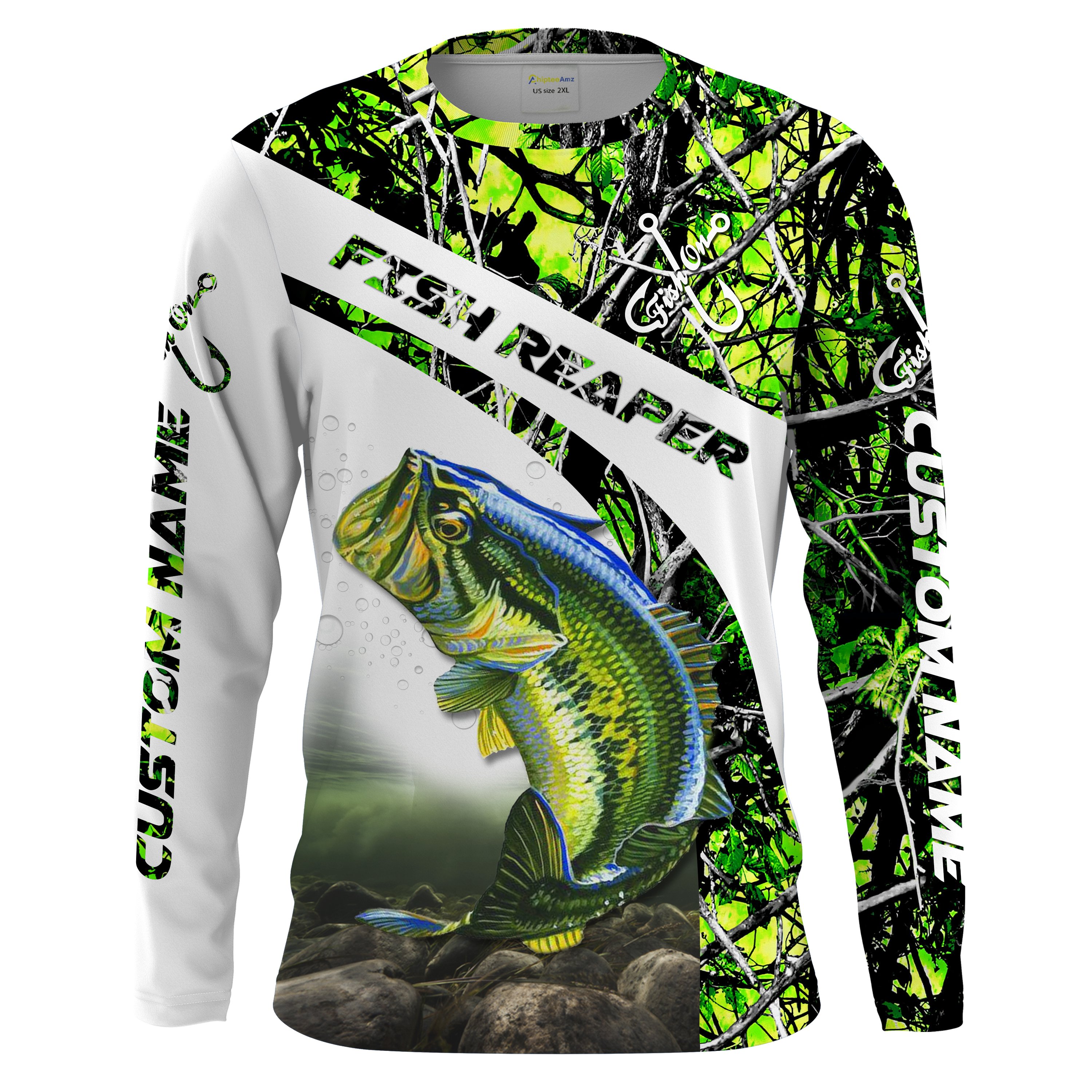 Bass Fishing green muddy camo Fish Reaper Custom Long Sleeve Fishing Shirts, personalized Fishing gifts – Chipteeamz IPHW1106