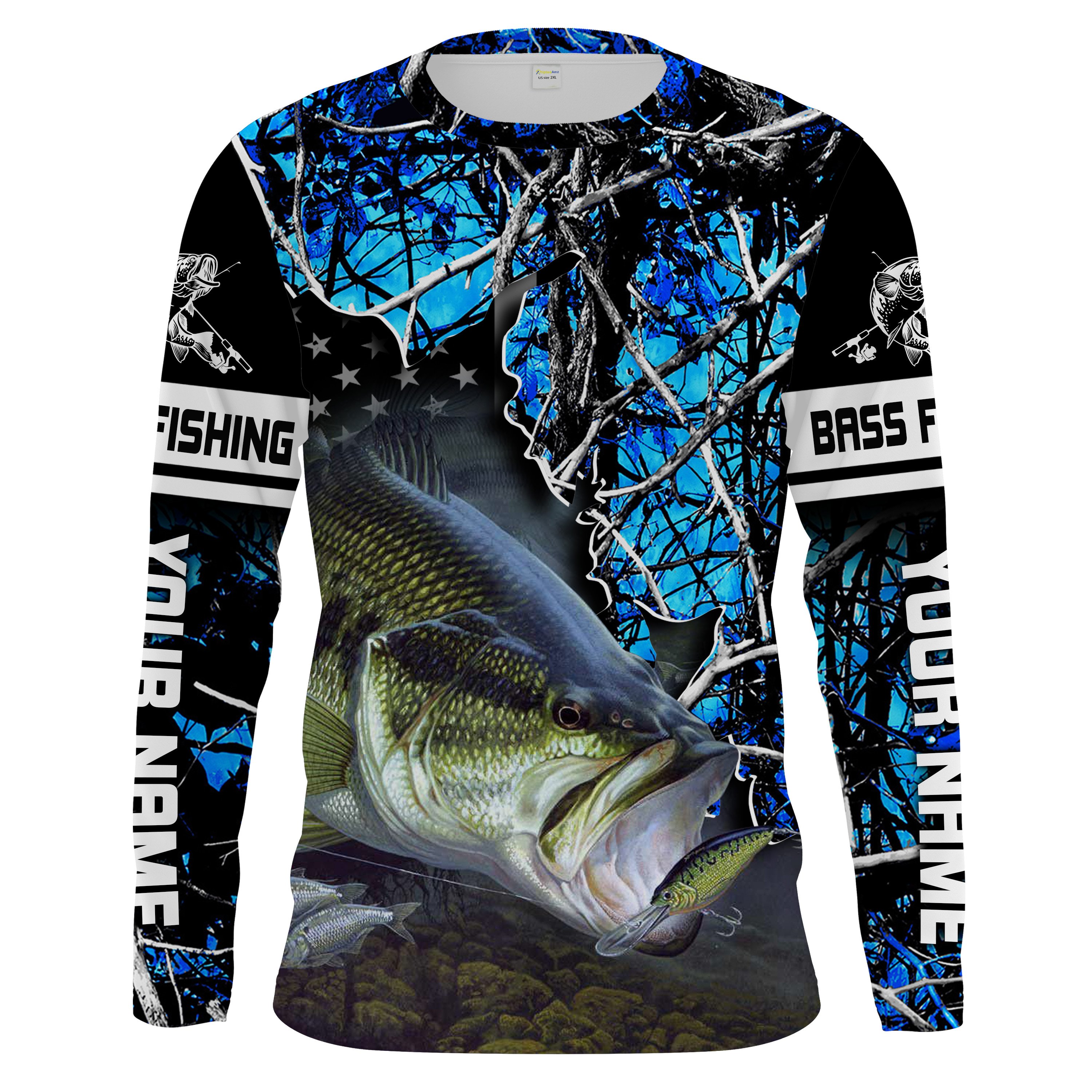 Custom Bass Fishing Teal blue muddy camo Long Sleeve Fishing Shirts, Bass flag Fishing Shirts – Chipteeamz IPHW1000