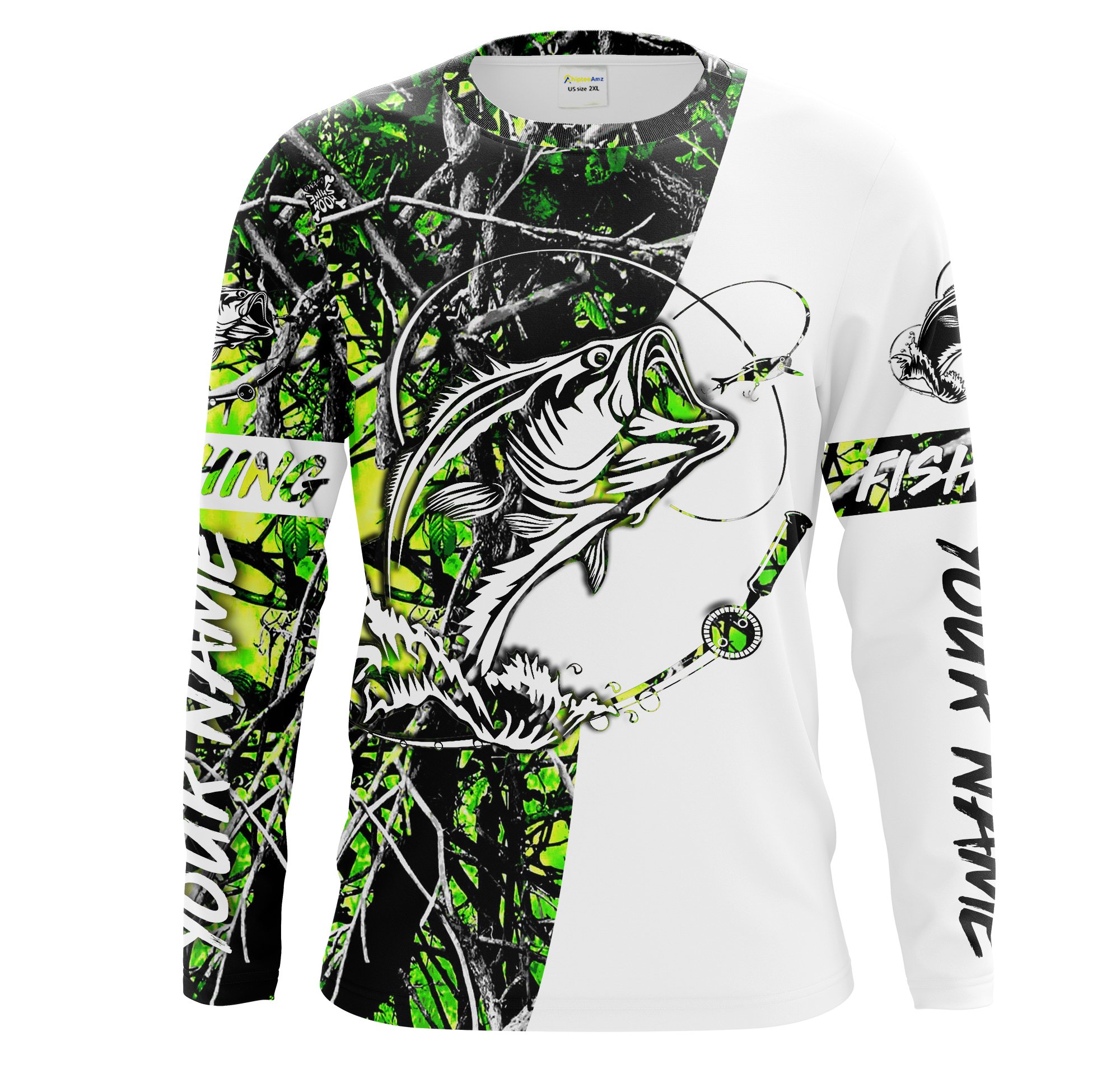 Green muddy camo Bass Fishing Custom Long Sleeve Fishing Shirts, Largemouth Bass tournament Fishing Shirts – Chipteeamz IPHW1047