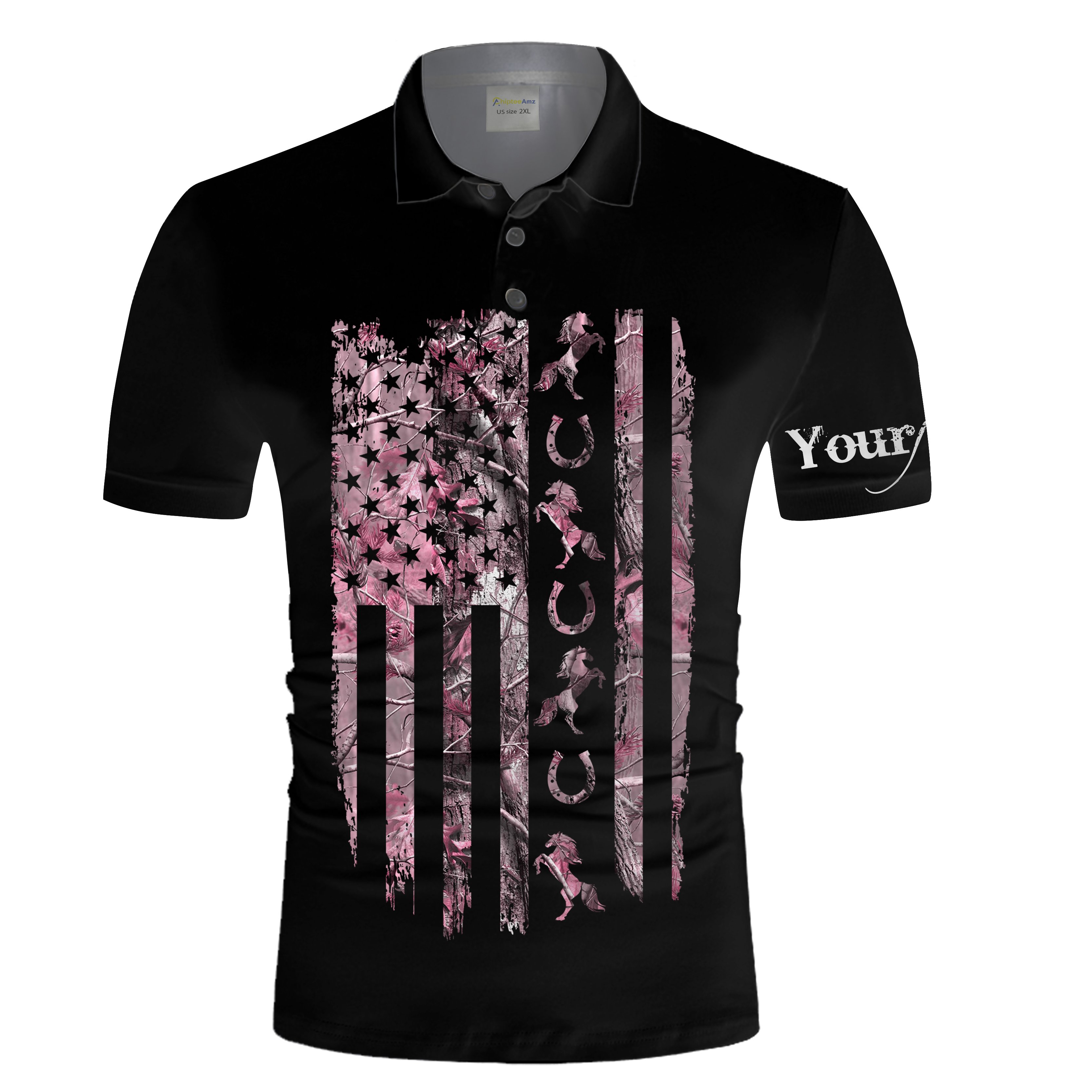 American flag horse tattoo pink muddy camo Custom name Equestrian Horse Riding Casual Polo Shirt, gift for horse lovers Chipteeamz NQS1707