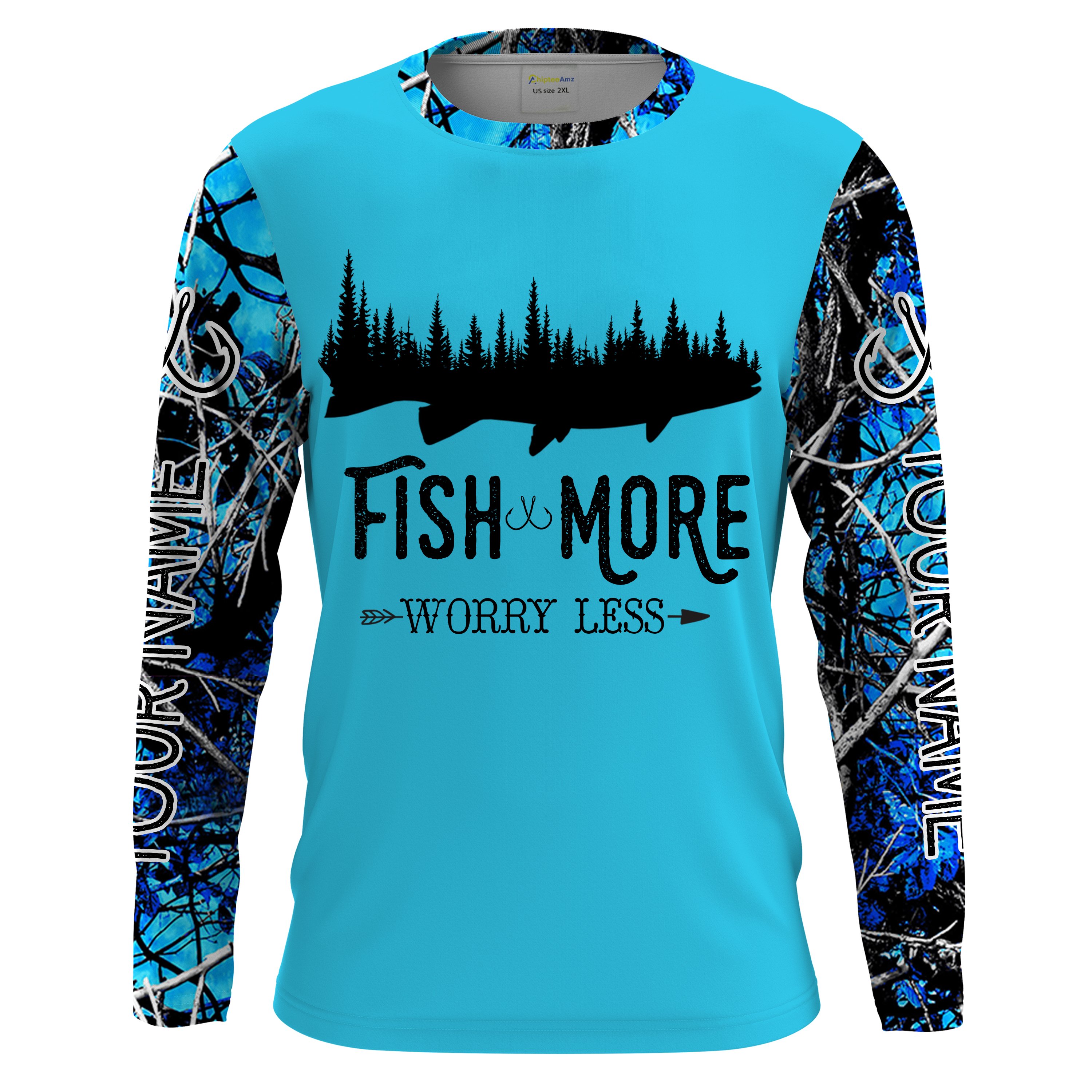 Fish more worry less teal blue muddy camo performance Fishing Shirts, personalized Fishing apparel – Chipteeamz IPHW919