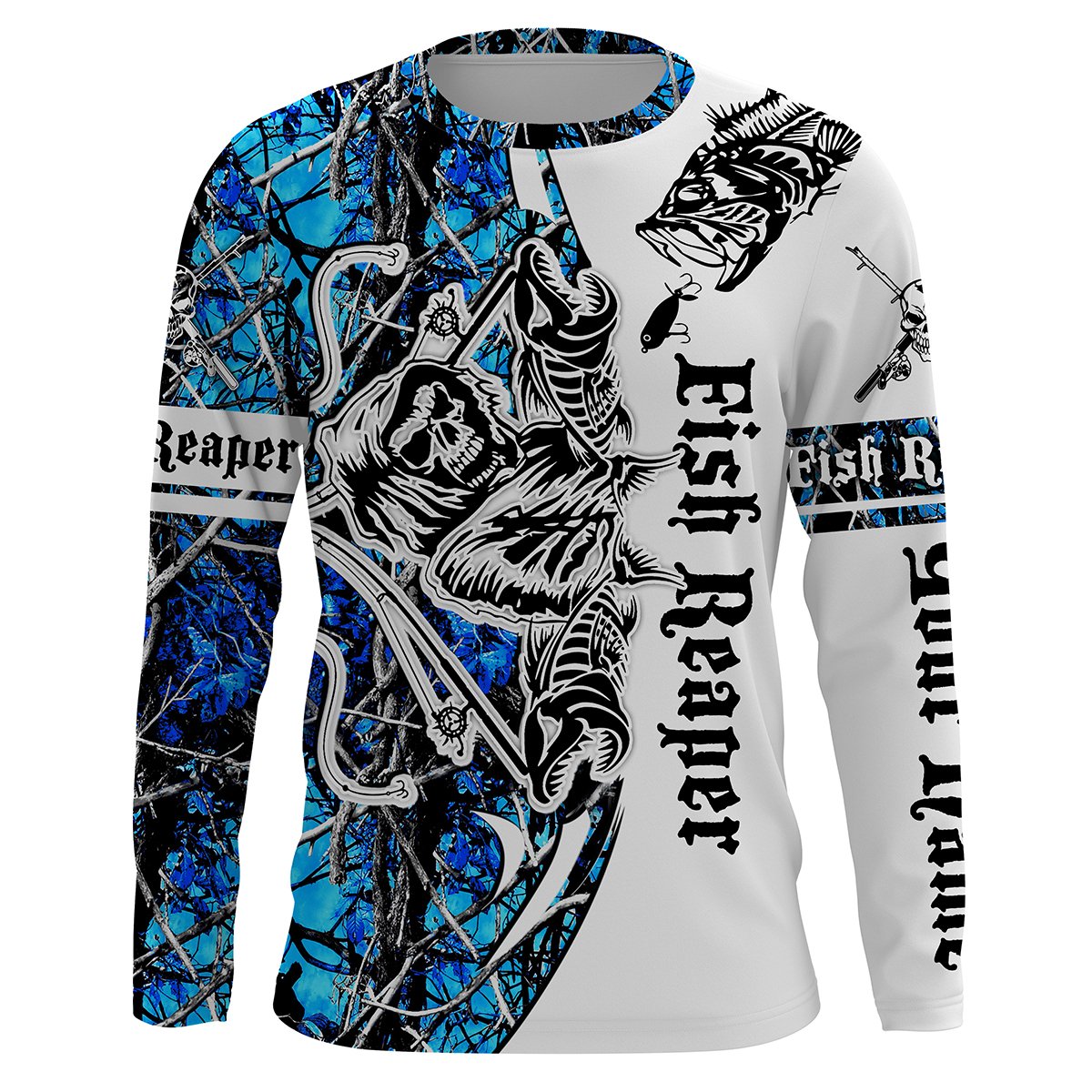 Fish Reaper teal Blue Muddy Camo Custom Long Sleeve Fishing Shirts UV Protection, Personalized Fishing Gifts Ideas – IPHW676