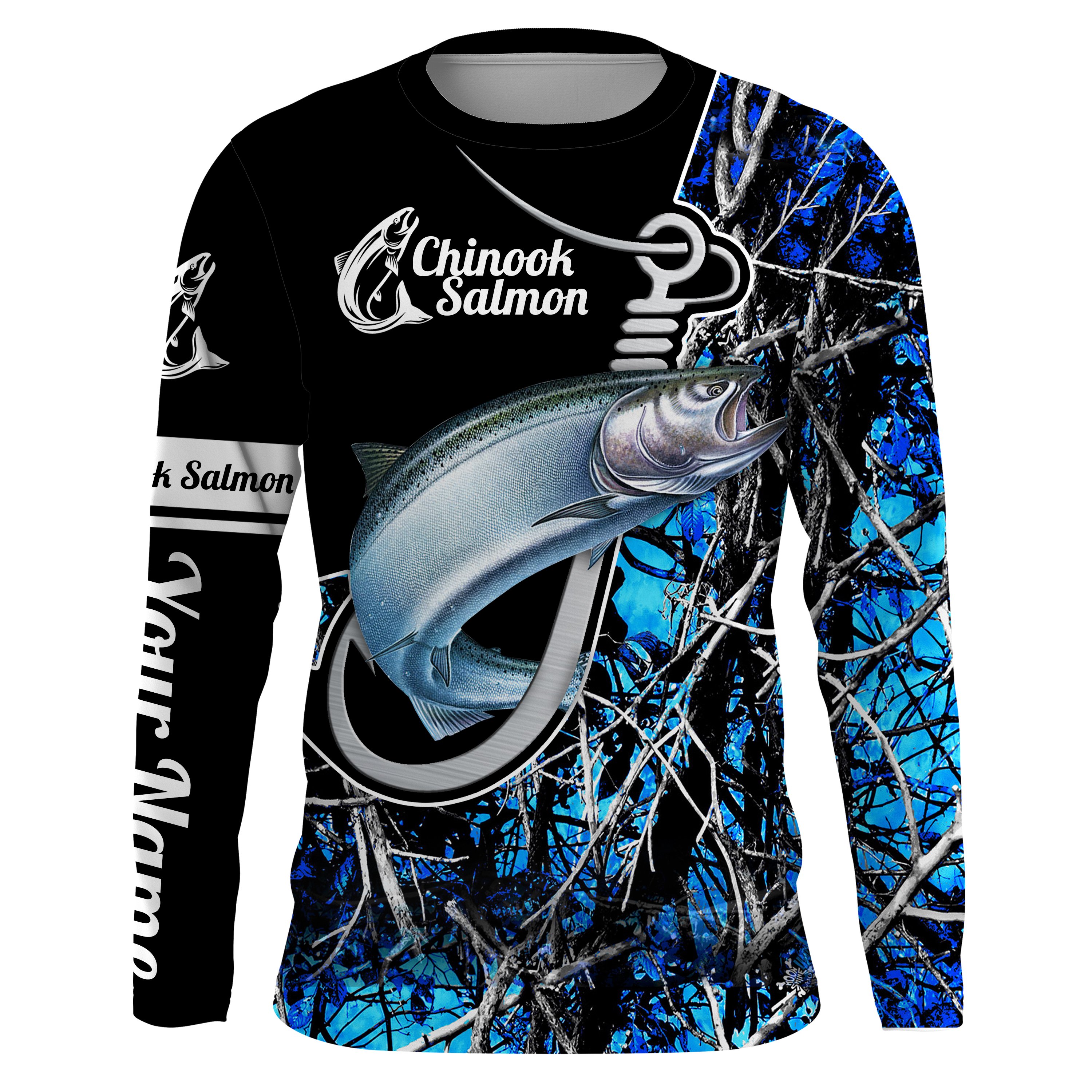 Chinook Salmon Fishing Fish hook blue muddy camo Custom UV Protection Long sleeve performance Fishing Shirts – IPHW510