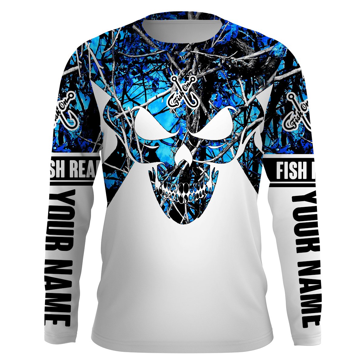 Fish Reaper Skull Teal blue muddy camo Custom Long Sleeve Fishing Shirts, personalized Fishing apparel – Chipteeamz IPHW961