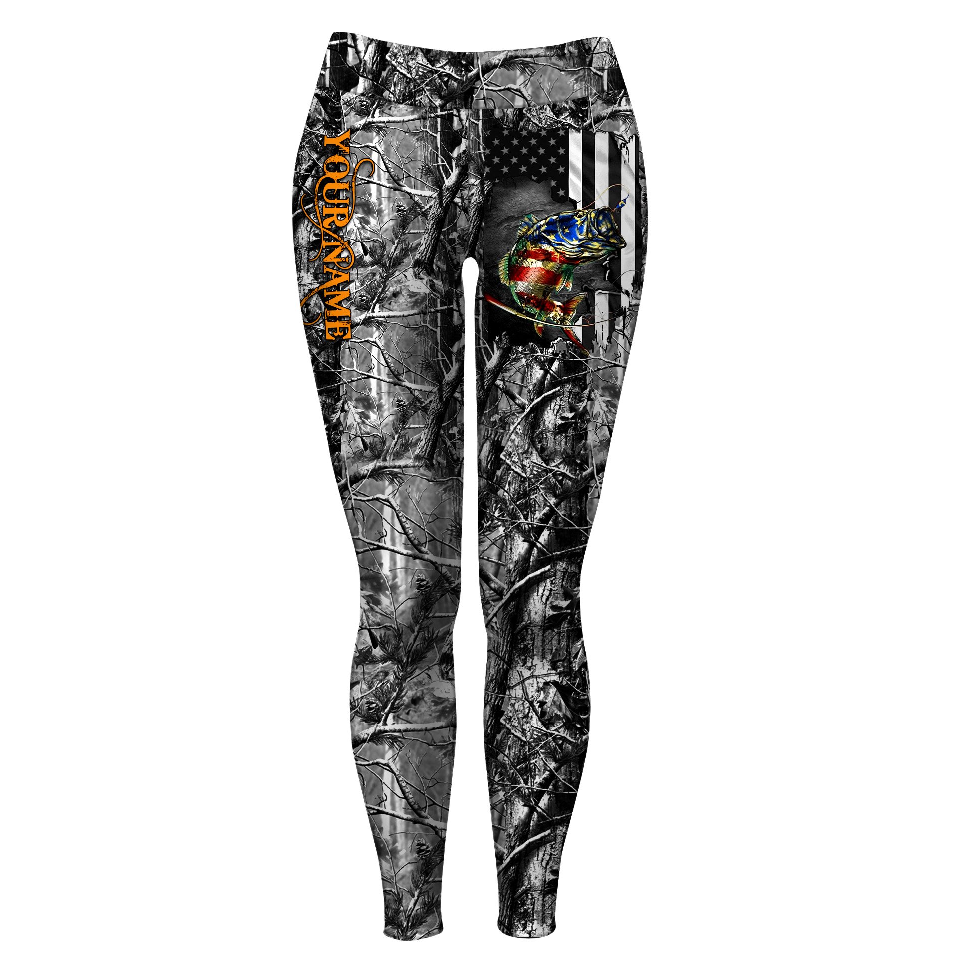 Custom Largemouth Bass Fishing American Flag with muddy camo Leggings , Women Fishing apparel – IPH2216