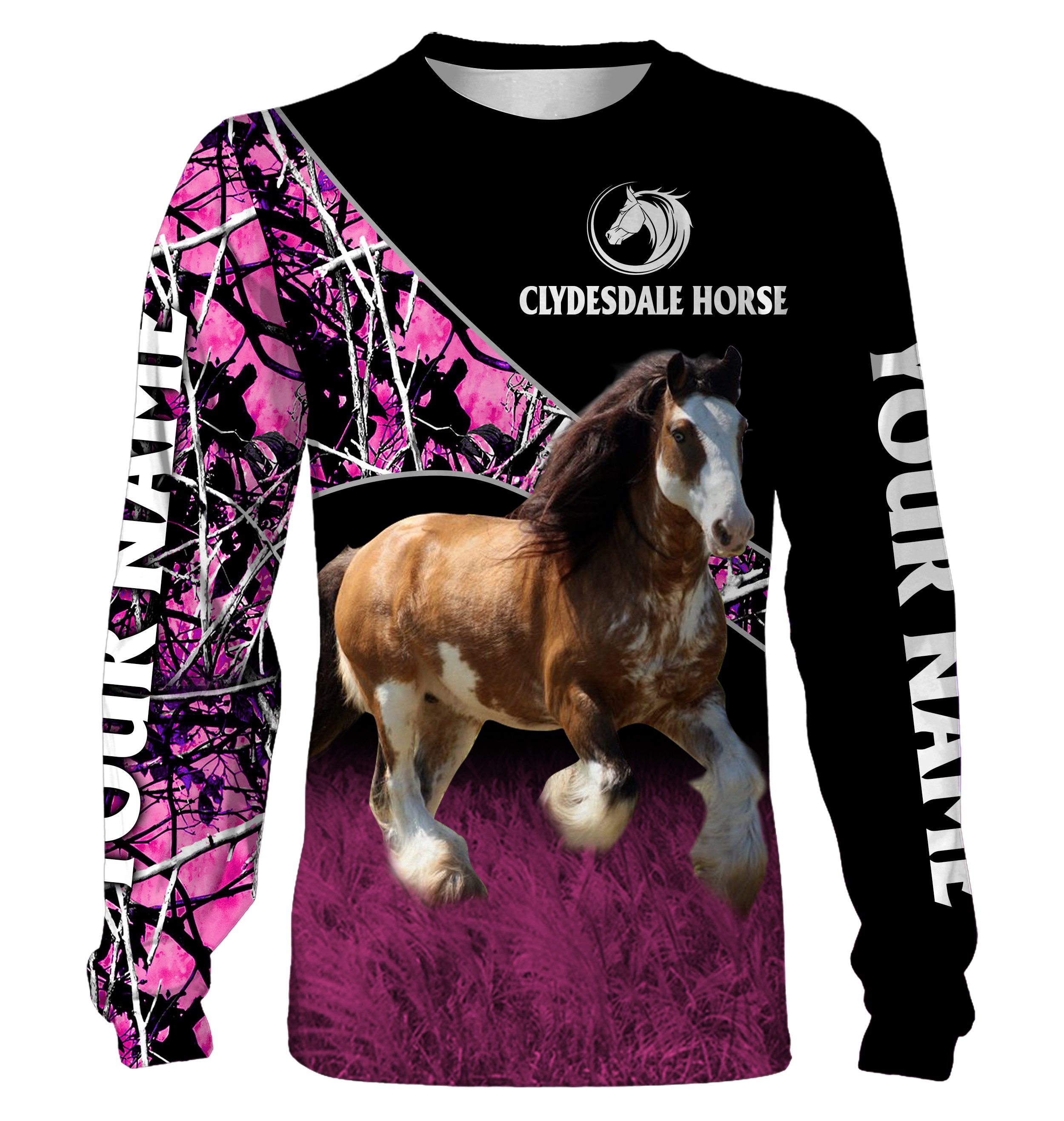 Clydesdale Horse pink muddy camo Custom name full printing Sweatshirt, Hoodie, T-shirt – Personalized gift for Horse lovers FEB21 FSD1502