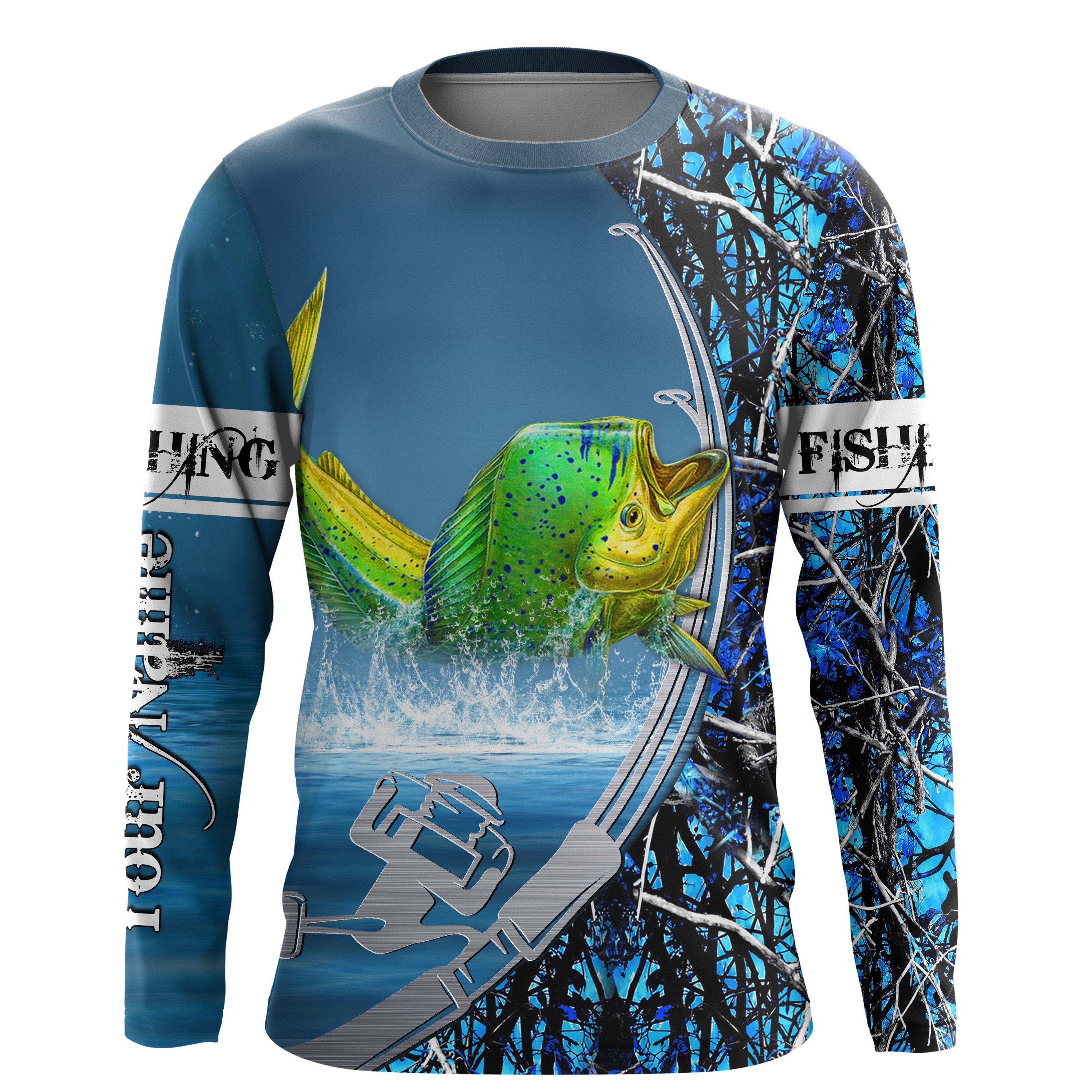 Mahi Mahi UV Protection Long Sleeve Fishing?Shirts Custom Name Blue Muddy Camo Performance Fishing?Shirts Chipteeamz – IPHW725