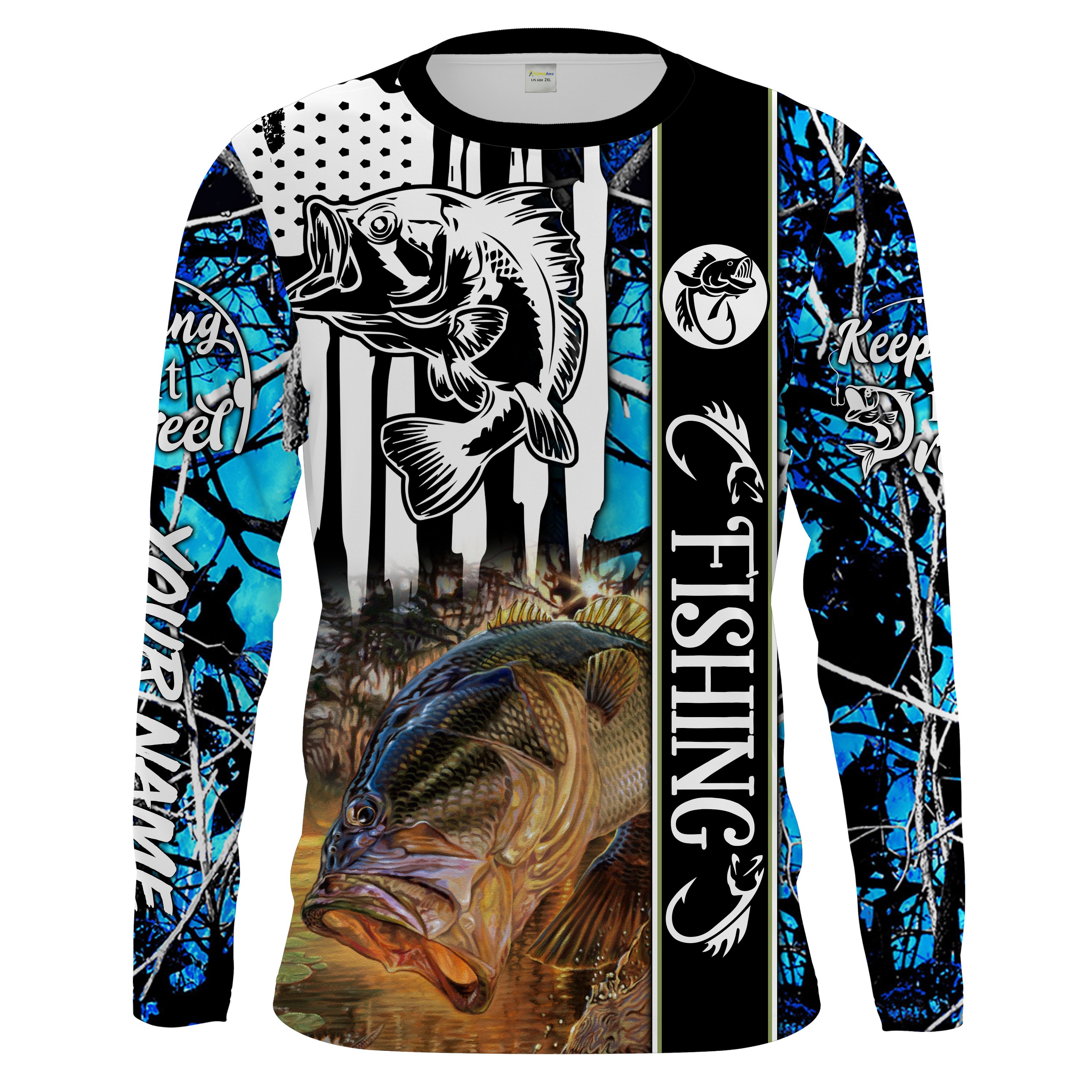 Largemouth Bass Fishing blue muddy camo US flag custom name UV protection quick dry Long sleeve Shirt UPF30+ Chipteeamz FSD1685