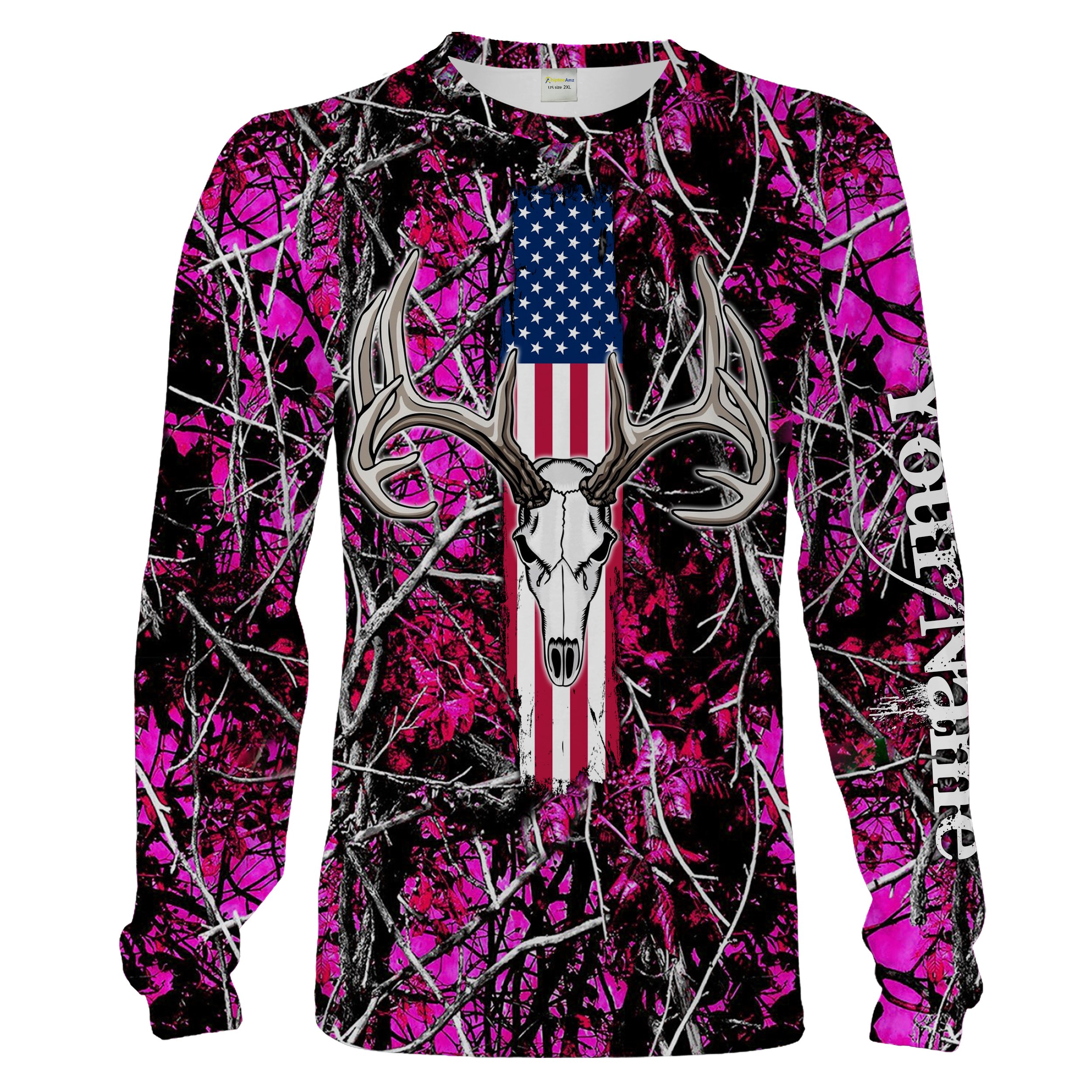 Country girl pink Muddy camo deer skull American flag Customize Name 3D All Over Printed Shirts, hunting clothes Chipteeamz NQS1591