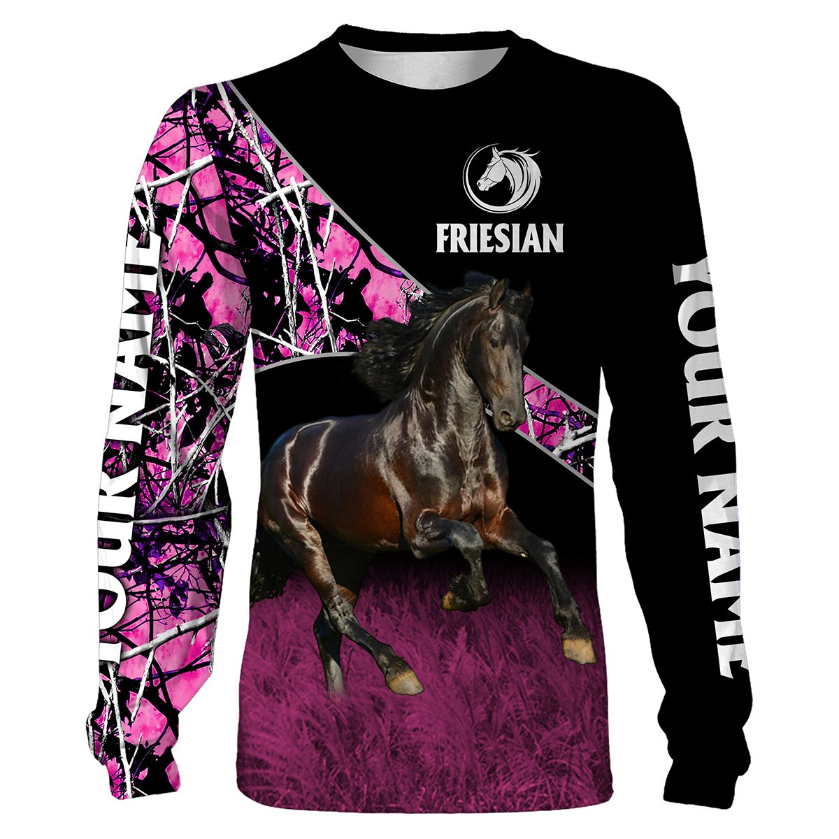 Friesian Horse pink muddy camo Custom name full printing Sweatshirt, Hoodie, T-shirt – Personalized gift for Horse lovers – FSD751