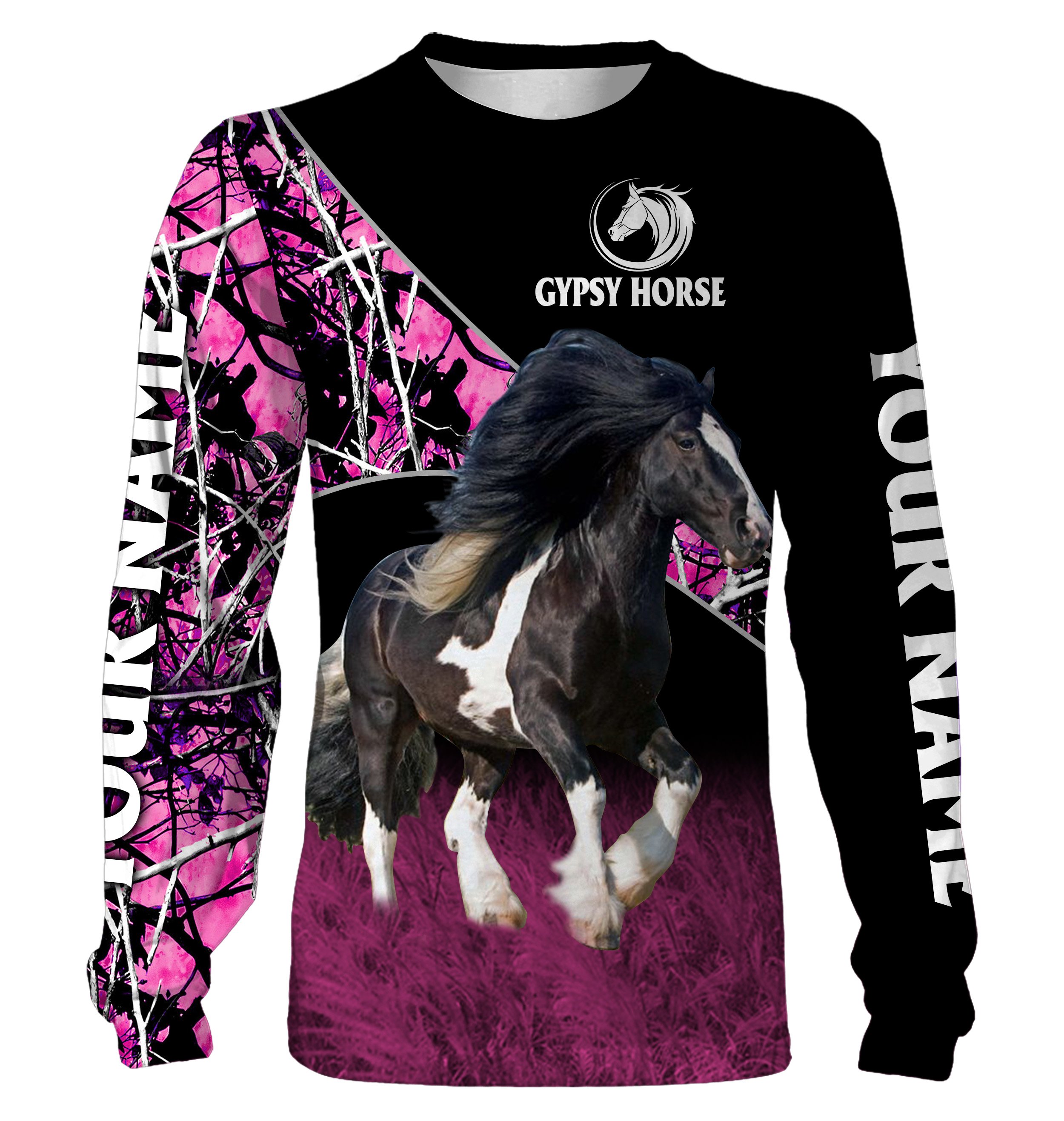 Gypsy Horse pink muddy camo Custom name full printing Sweatshirt, Hoodie, T-shirt – Personalized gift for Horse lovers FEB21 FSD1504