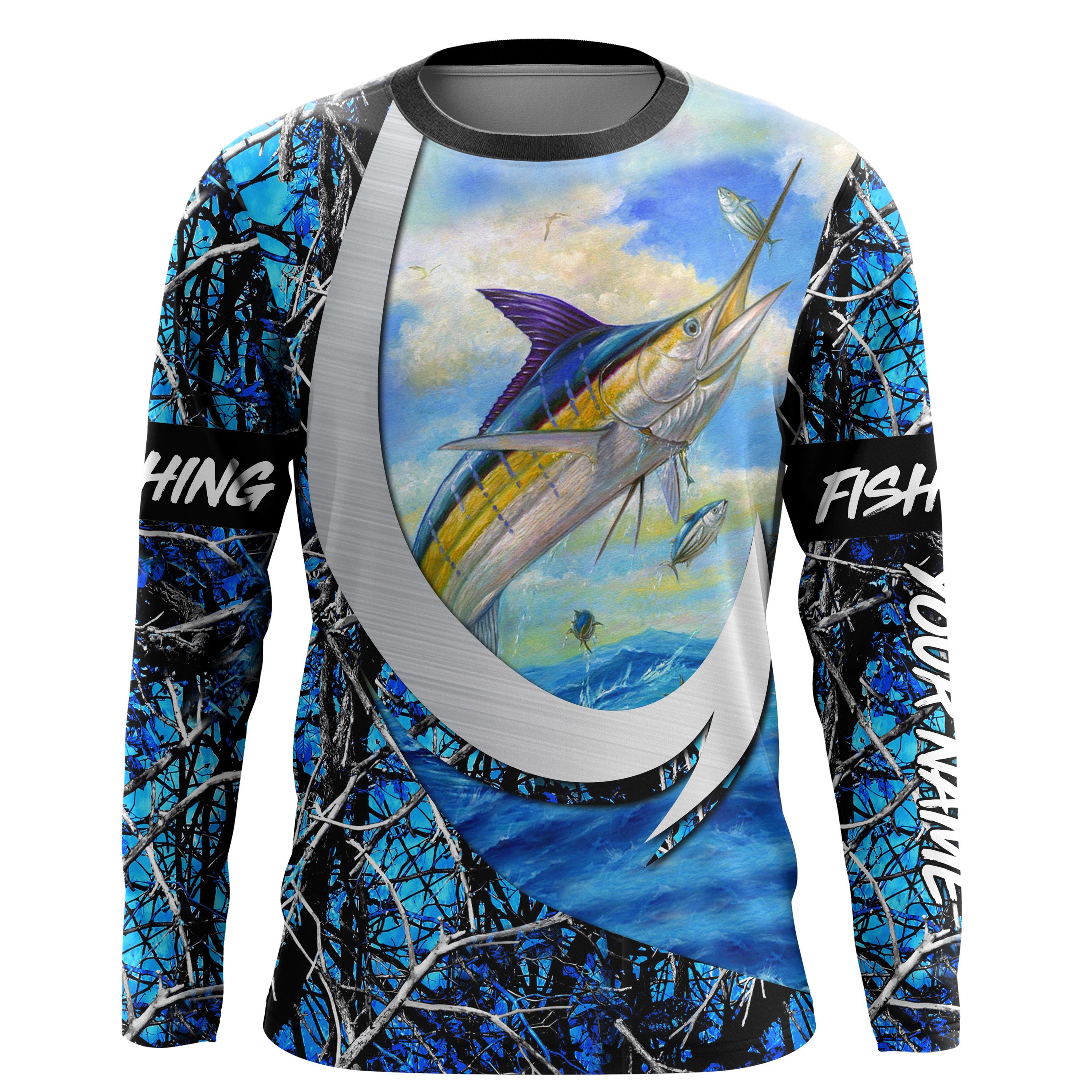 Blue Marlin Fishing Blue Muddy Camo Personalized Long Sleeve Performance Fishing Shirts UV Protection Upf 30+ Chipteeamz – IPHW742