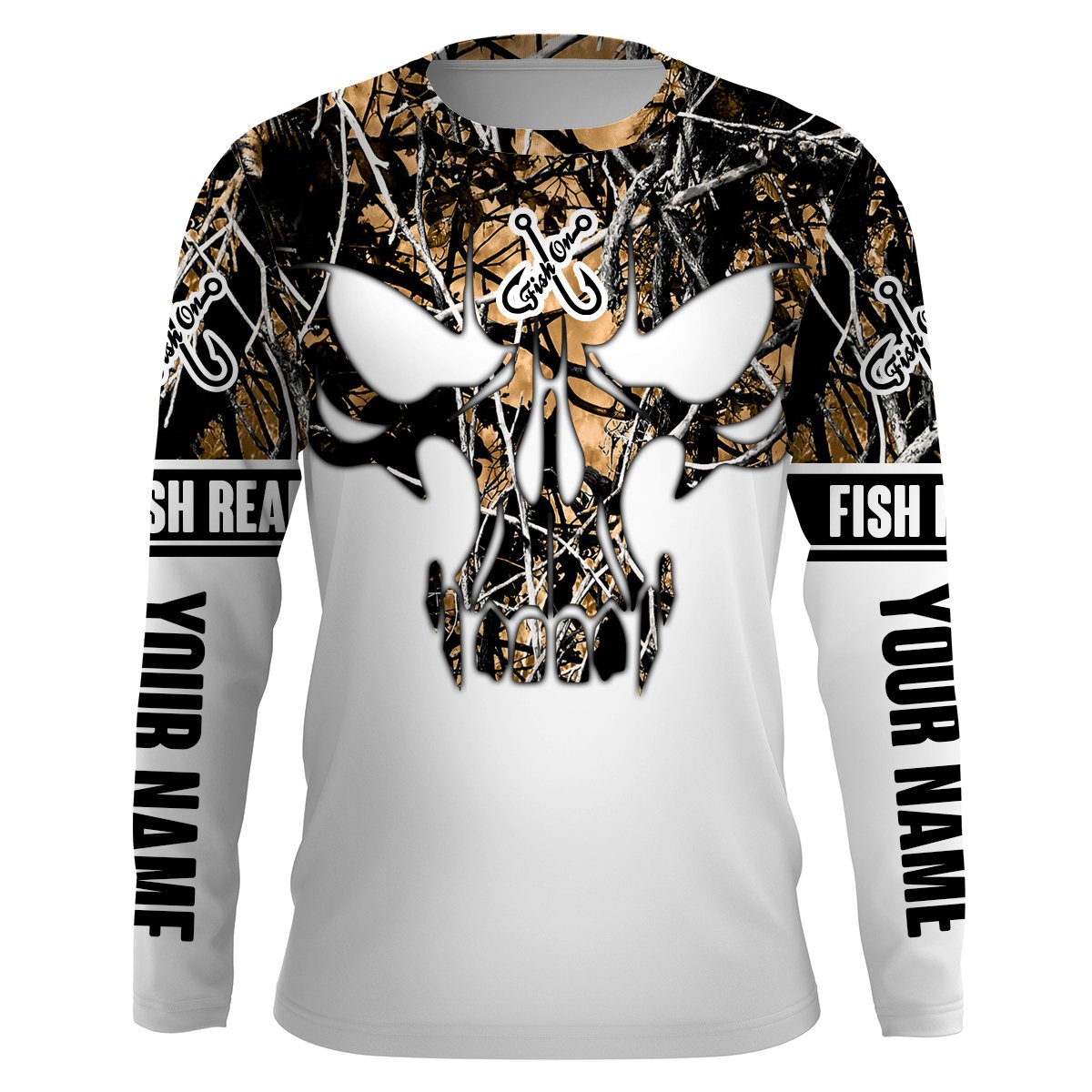 Brown muddy camo Fish Reaper Fish Skull Custom Long Sleeve Fishing Shirts, Fish on Clothing UV Protection UPF 30+ – IPHW717