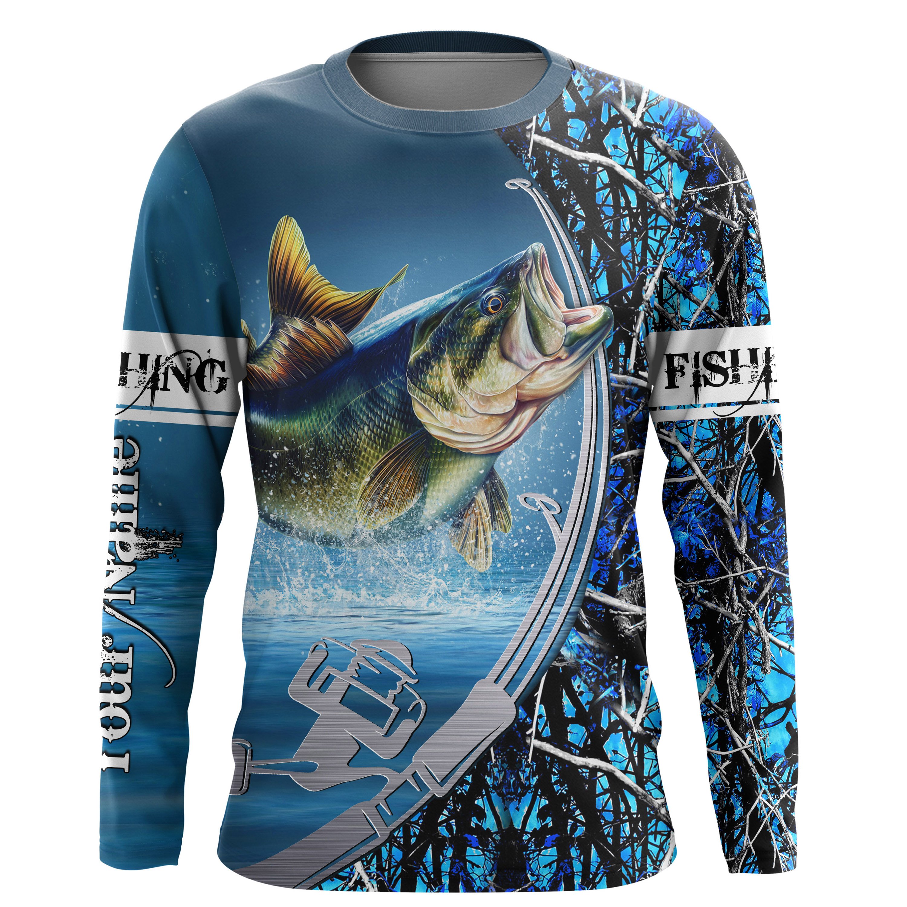 Largemouth Bass Fishing blue muddy camo Custom Long sleeve performance Fishing Shirts UPF 30+, Fishing rod apparel – Chipteeamz IPHW685