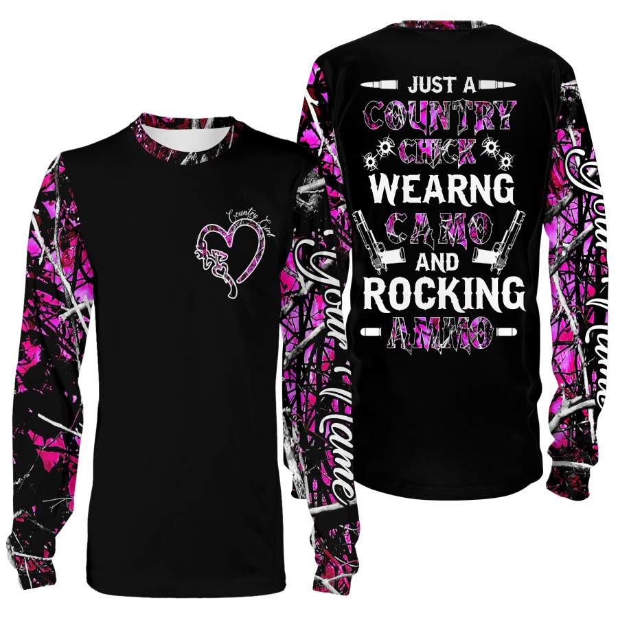 Country girl Pink muddy camo Just a Country chick wearing Camo and rocking Ammo Custom Name 3D All over print T-shirt, Sweatshirt, Long sleeves, Hoodie – FSD627