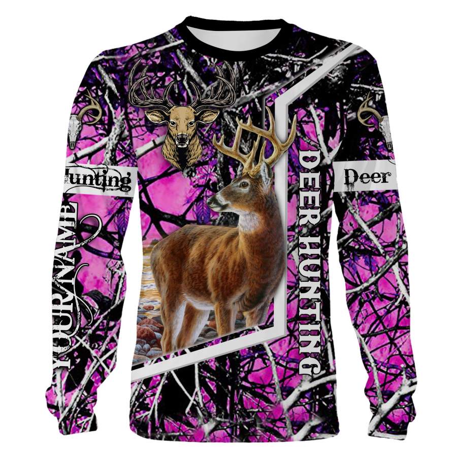 Deer hunting Pink muddy camo Custom Name 3D All over print Sweatshirt, T-shirt, Long sleeves, Hoodie, Face shield – Personalized shirt for Deer hunter, hunting gift for Girl – FSD541