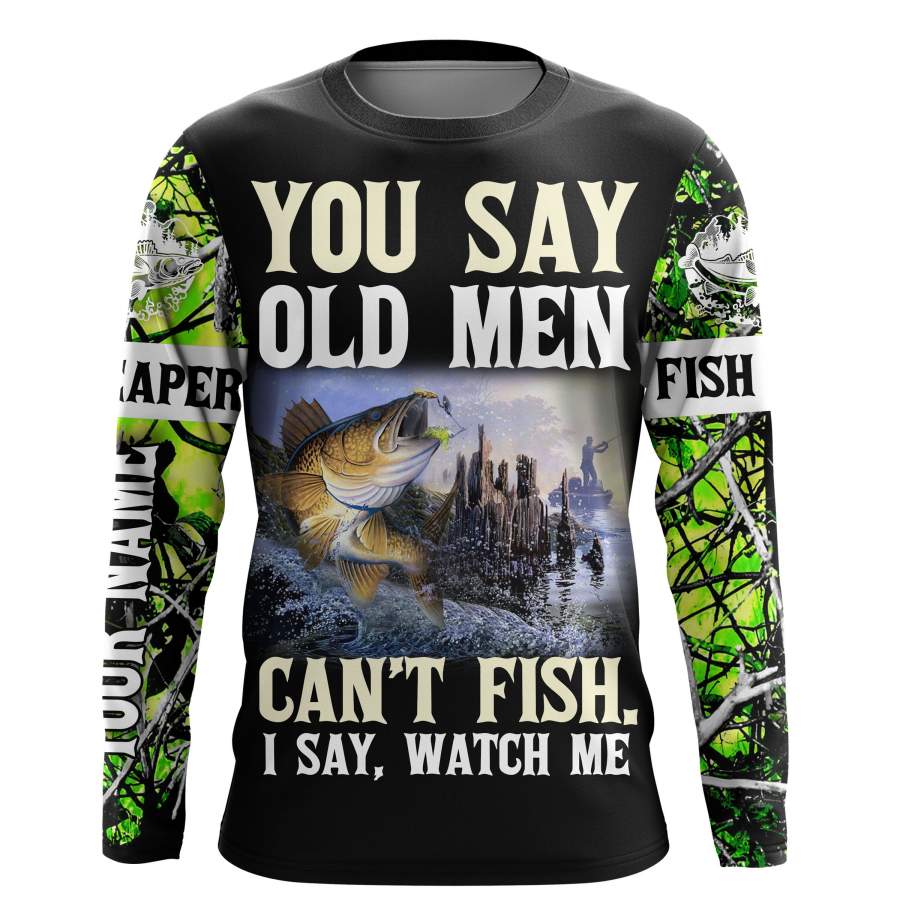 Funny Walleye Fishing apparel green muddy camo Sun / UV protection quick dry customize name long sleeves shirts UPF 30+ personalized fishing clothing gift for old men – IPH2052